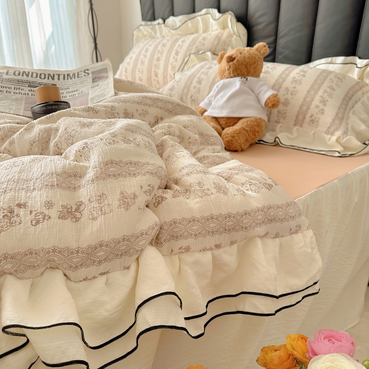 91家纺网 家纺一手货源 找家纺 韩都家居 2026春夏新款双层纱皱皱纱韩系清新风四件套 茶园