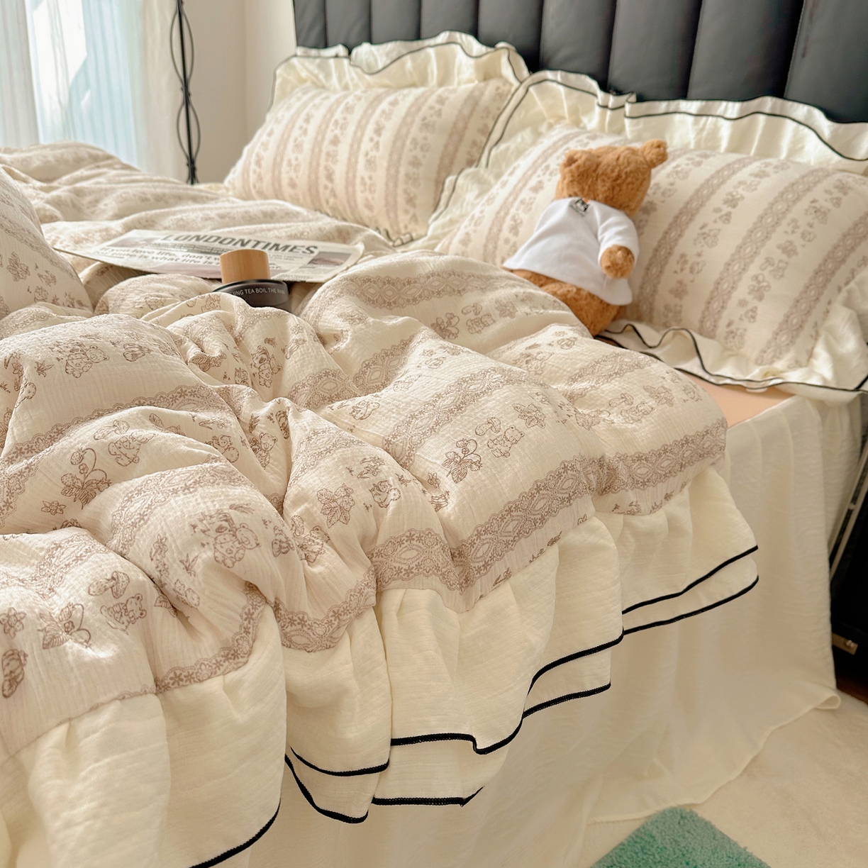 91家纺网 家纺一手货源 找家纺 韩都家居 2026春夏新款双层纱皱皱纱韩系清新风四件套 茶园