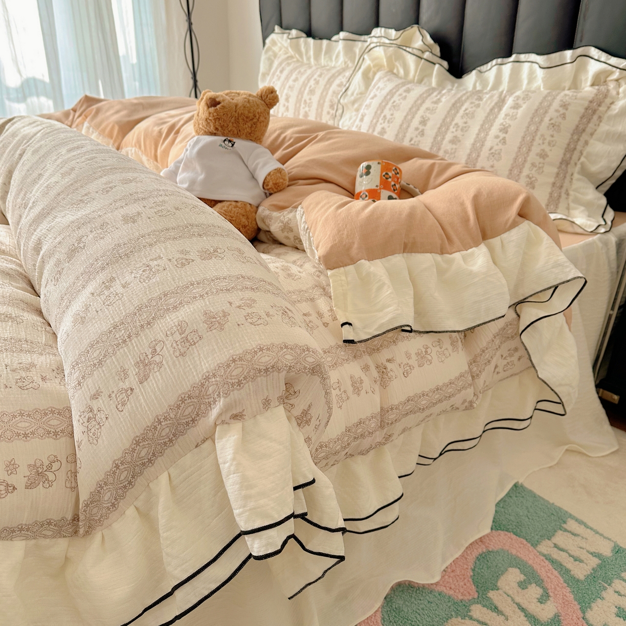 91家纺网 家纺一手货源 找家纺 韩都家居 2026春夏新款双层纱皱皱纱韩系清新风四件套 茶园