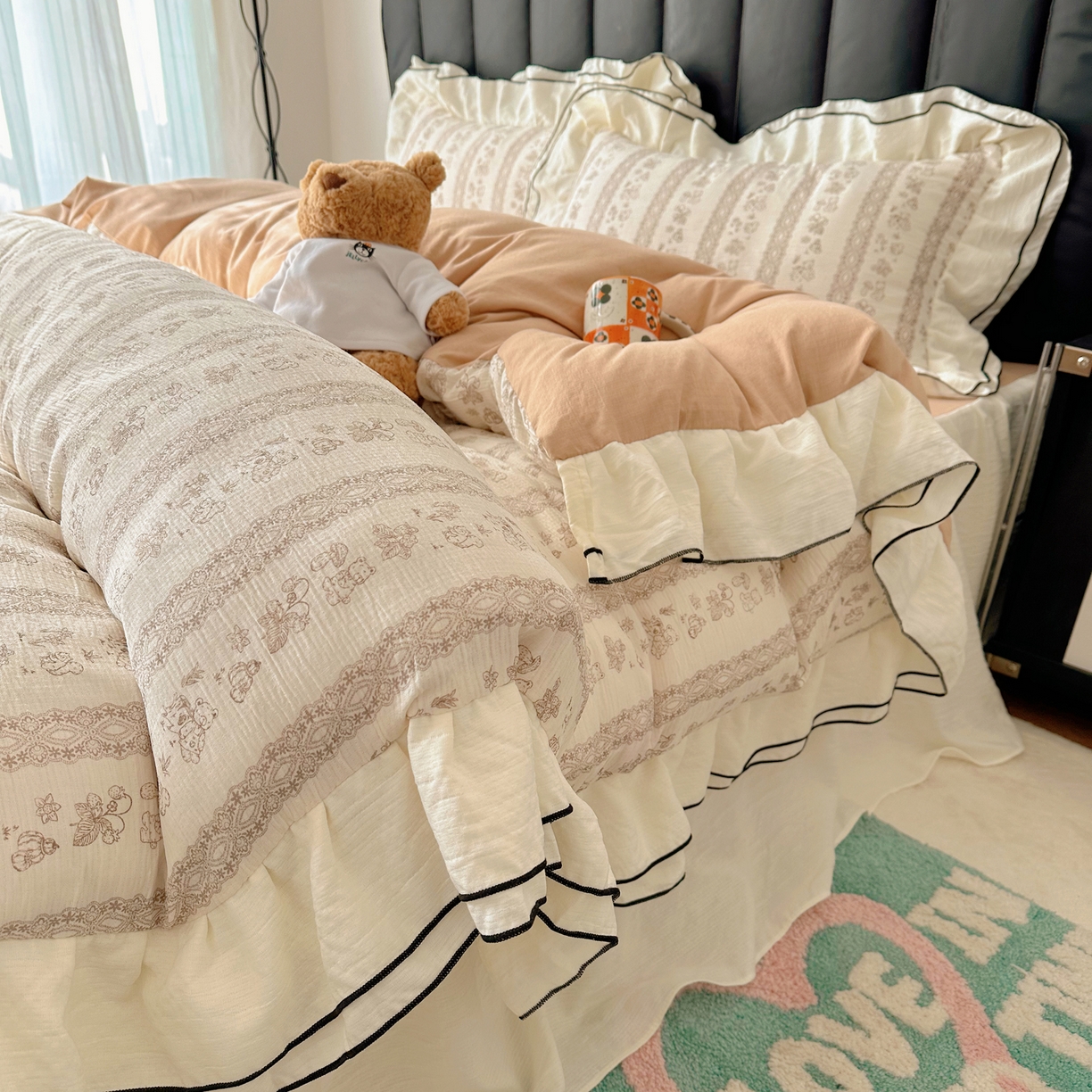 91家纺网 家纺一手货源 找家纺 韩都家居 2026春夏新款双层纱皱皱纱韩系清新风四件套 茶园