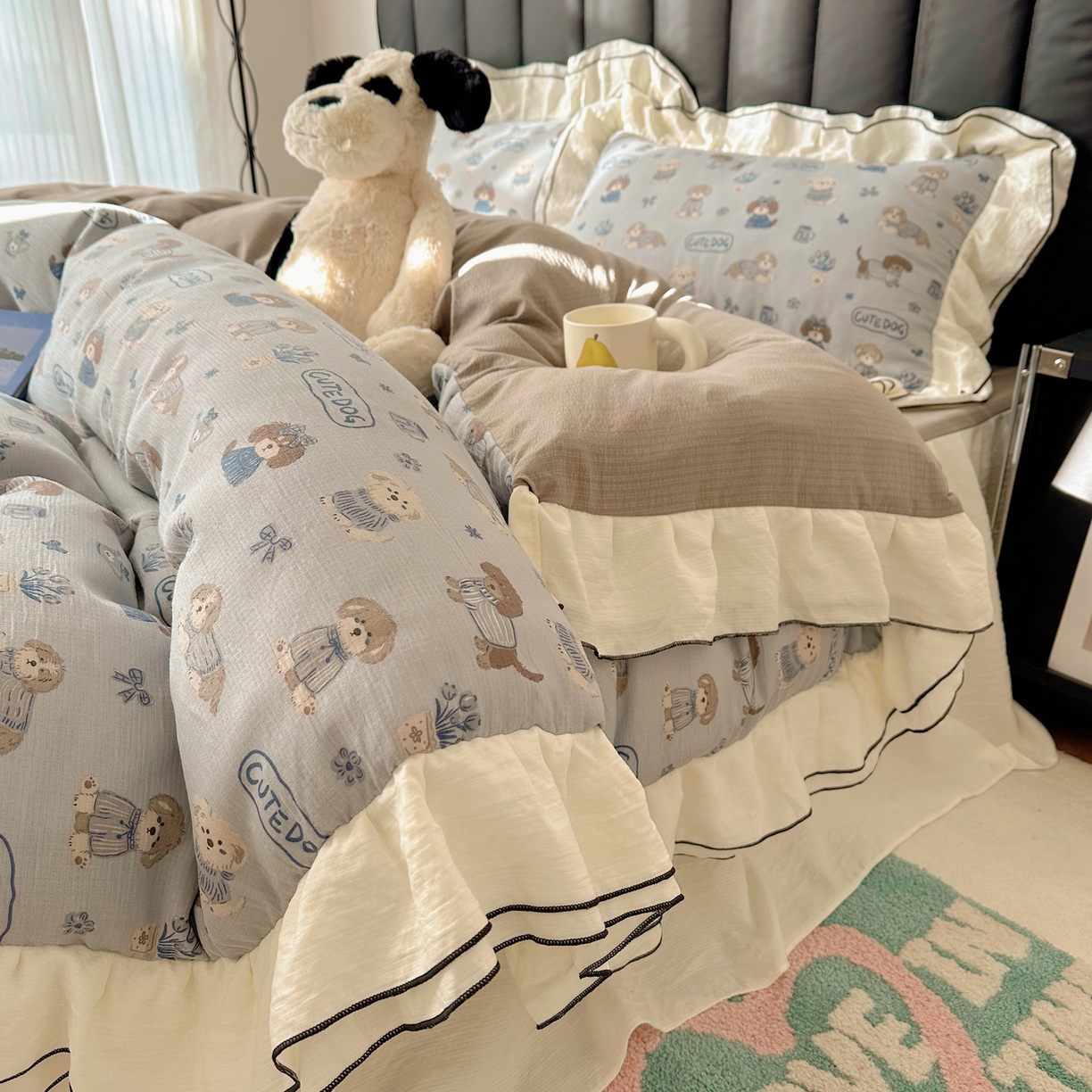 91家纺网 家纺一手货源 找家纺 韩都家居 2026春夏新款双层纱皱皱纱韩系清新风四件套 复古狗