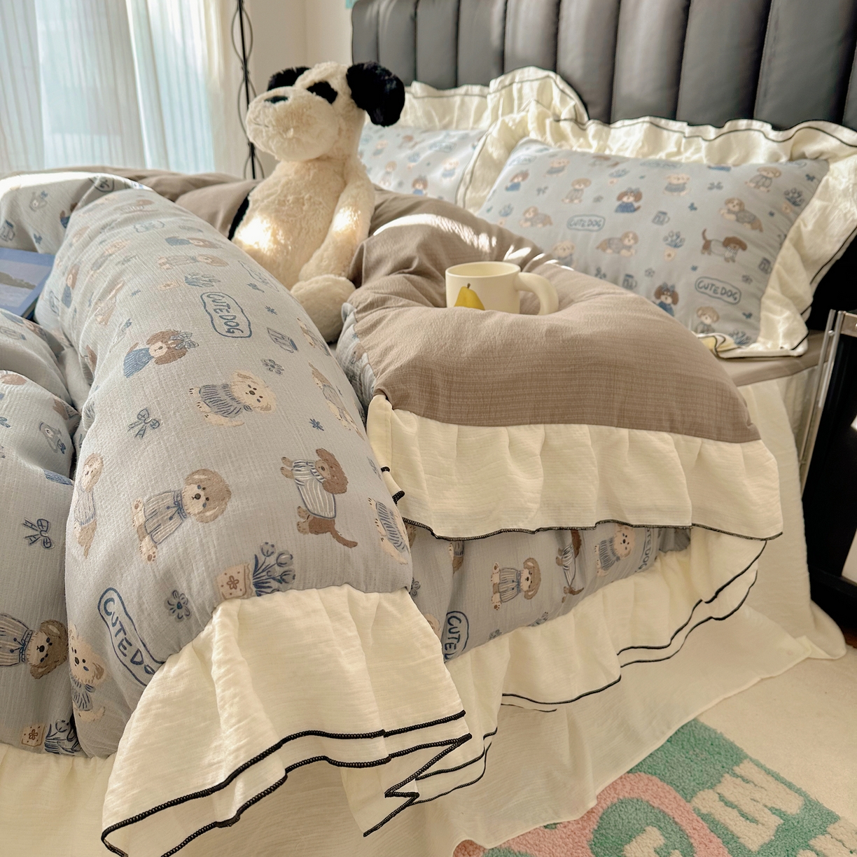 91家纺网 家纺一手货源 找家纺 韩都家居 2026春夏新款双层纱皱皱纱韩系清新风四件套 复古狗