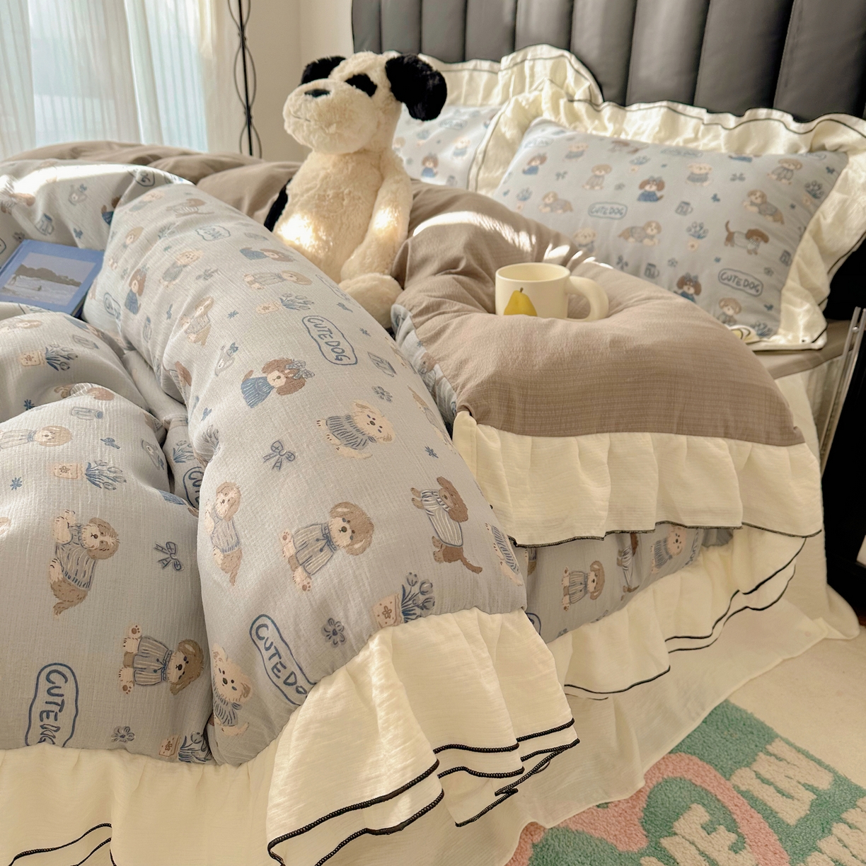 91家纺网 家纺一手货源 找家纺 韩都家居 2026春夏新款双层纱皱皱纱韩系清新风四件套 复古狗