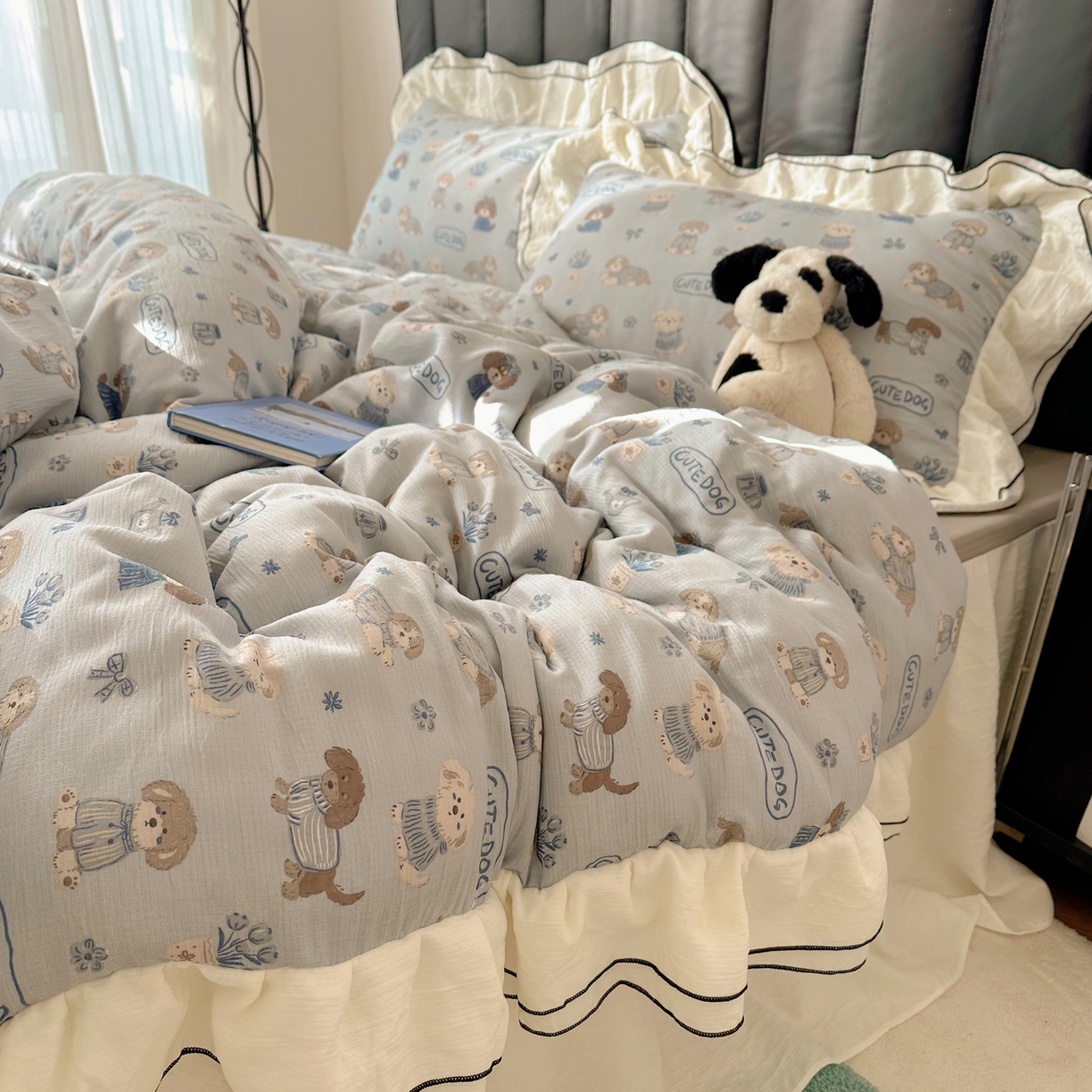 91家纺网 家纺一手货源 找家纺 韩都家居 2026春夏新款双层纱皱皱纱韩系清新风四件套 复古狗