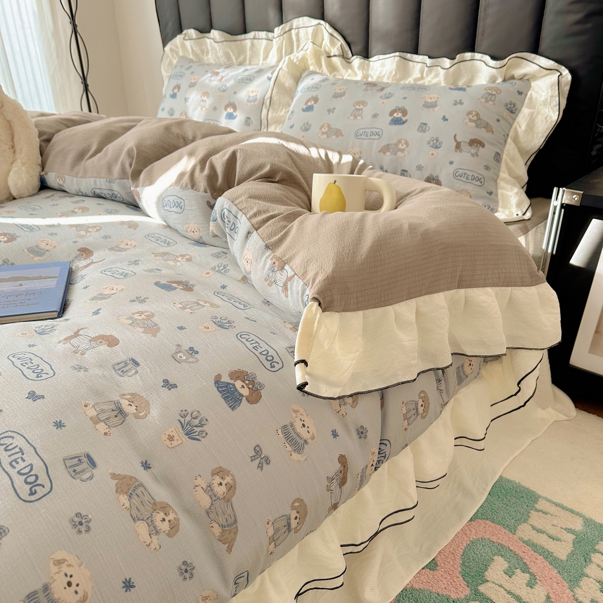 91家纺网 家纺一手货源 找家纺 韩都家居 2026春夏新款双层纱皱皱纱韩系清新风四件套 复古狗