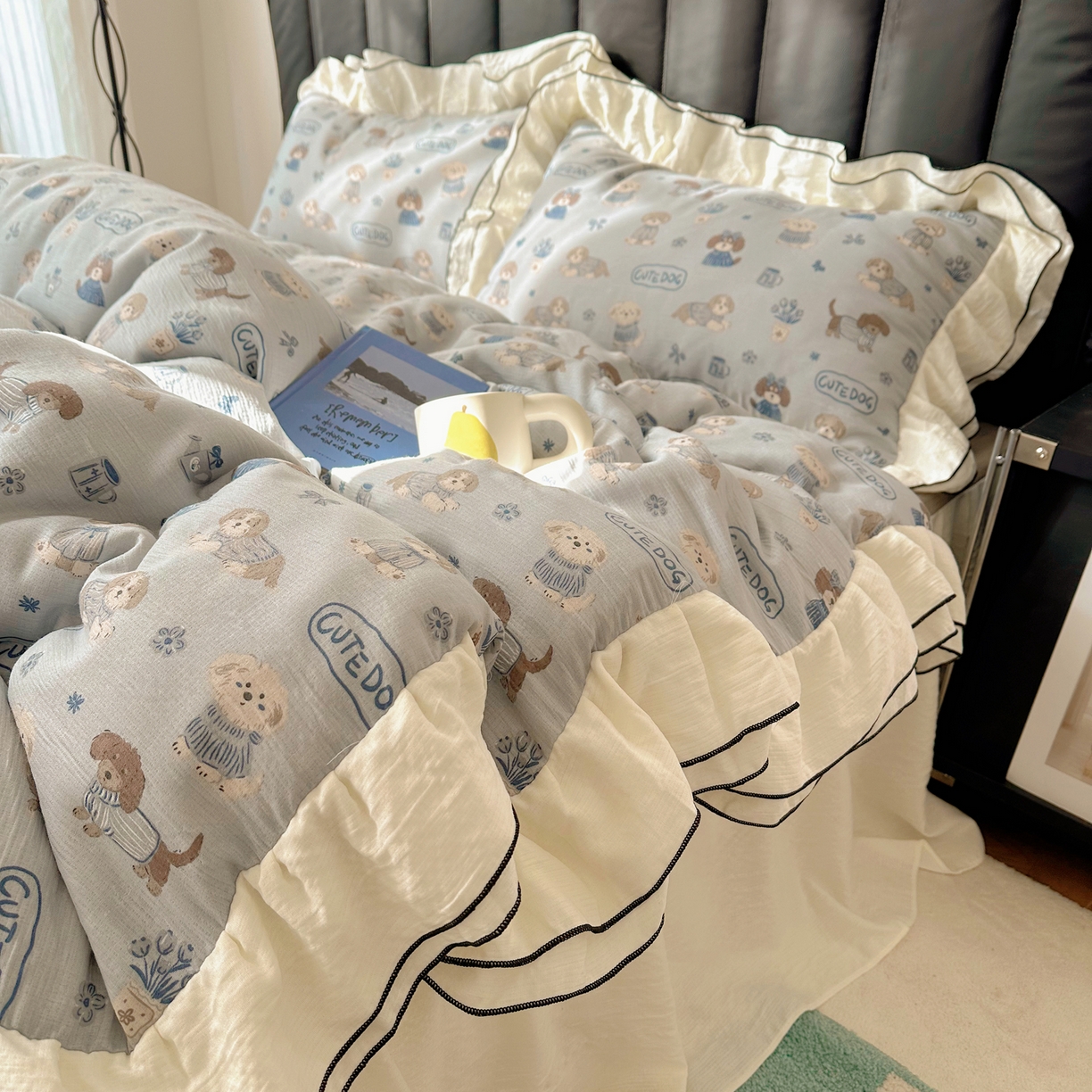 91家纺网 家纺一手货源 找家纺 韩都家居 2026春夏新款双层纱皱皱纱韩系清新风四件套 复古狗