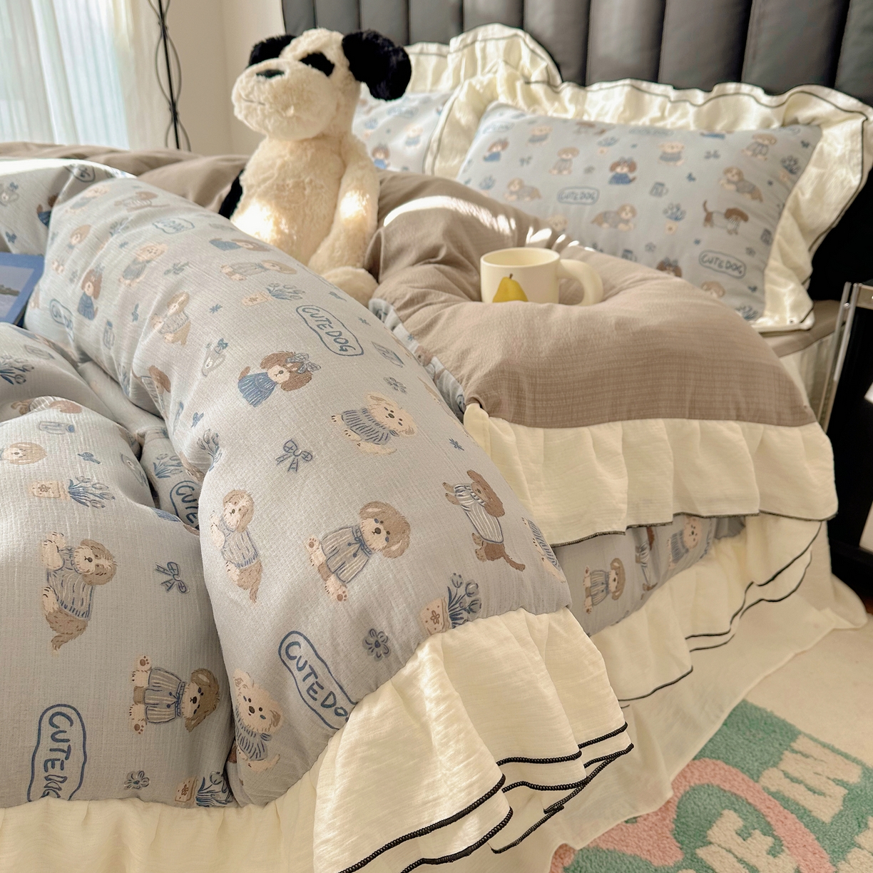 91家纺网 家纺一手货源 找家纺 韩都家居 2026春夏新款双层纱皱皱纱韩系清新风四件套 复古狗