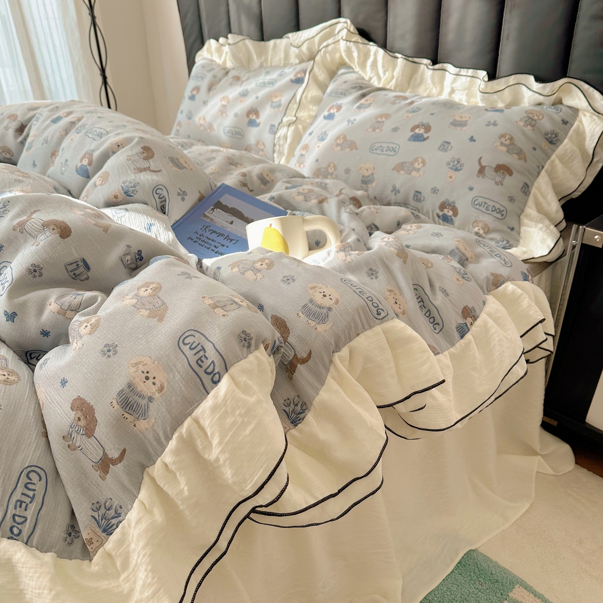 91家纺网 家纺一手货源 找家纺 韩都家居 2026春夏新款双层纱皱皱纱韩系清新风四件套 复古狗