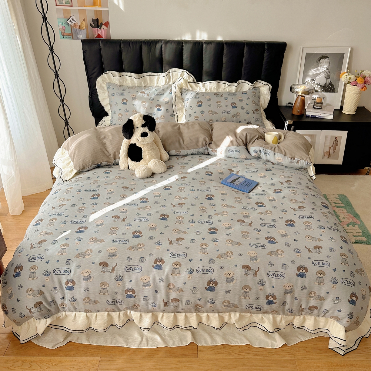 91家纺网 家纺一手货源 找家纺 韩都家居 2026春夏新款双层纱皱皱纱韩系清新风四件套 复古狗