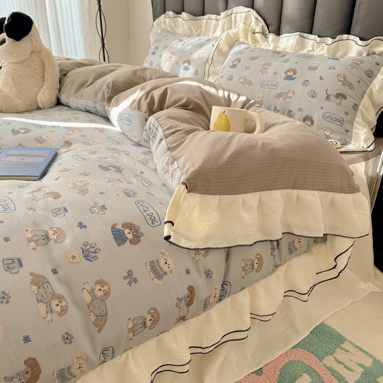 91家纺网 家纺一手货源 找家纺 韩都家居 2026春夏新款双层纱皱皱纱韩系清新风四件套 复古狗