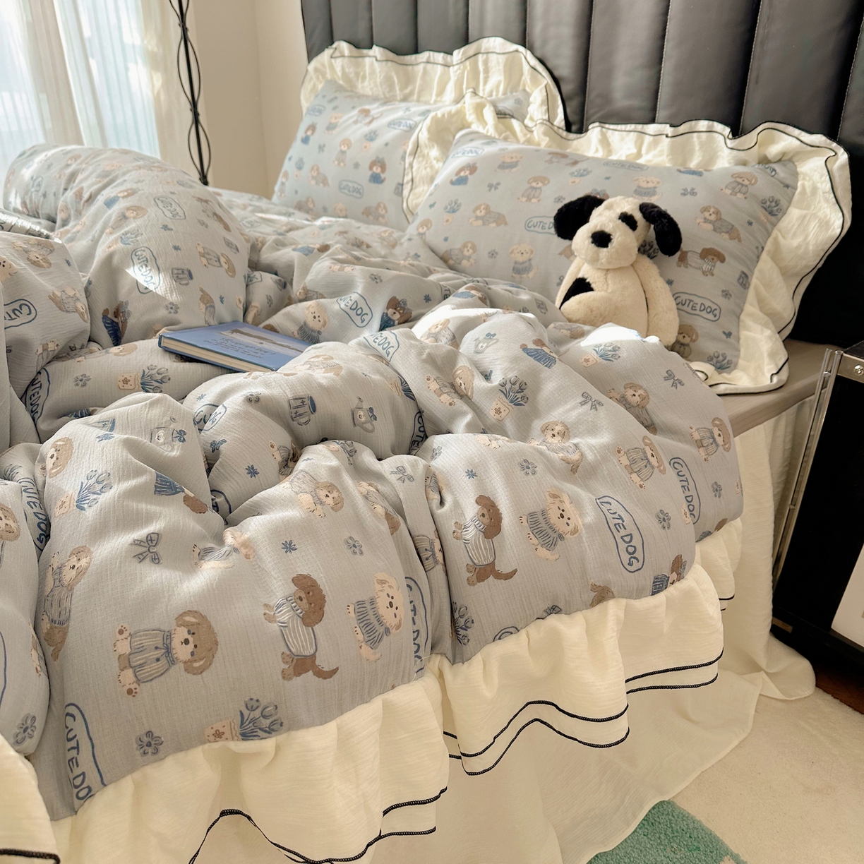 91家纺网 家纺一手货源 找家纺 韩都家居 2026春夏新款双层纱皱皱纱韩系清新风四件套 复古狗