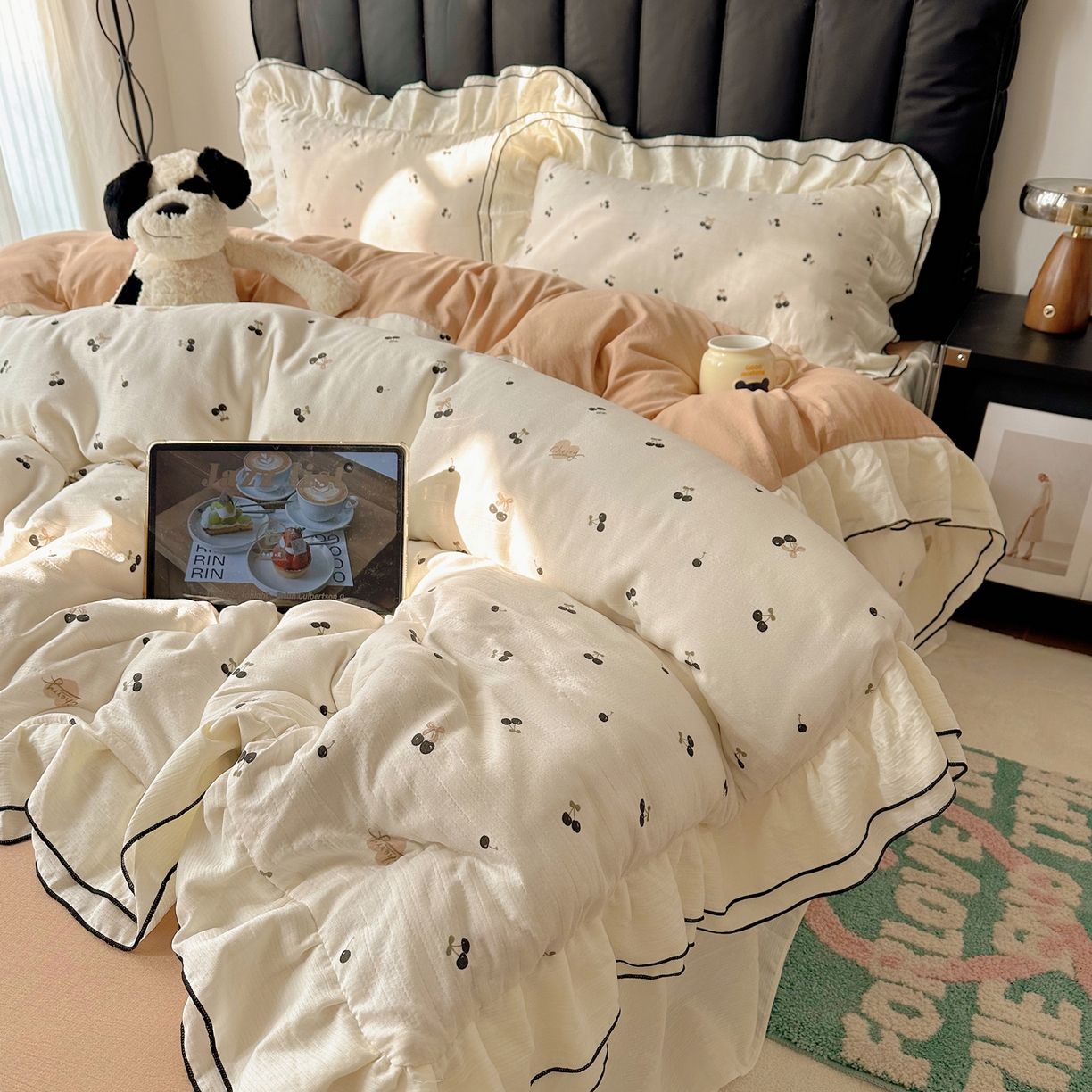 韩都家居 2026春夏新款双层纱皱皱纱韩系清新风四件套 复古樱桃