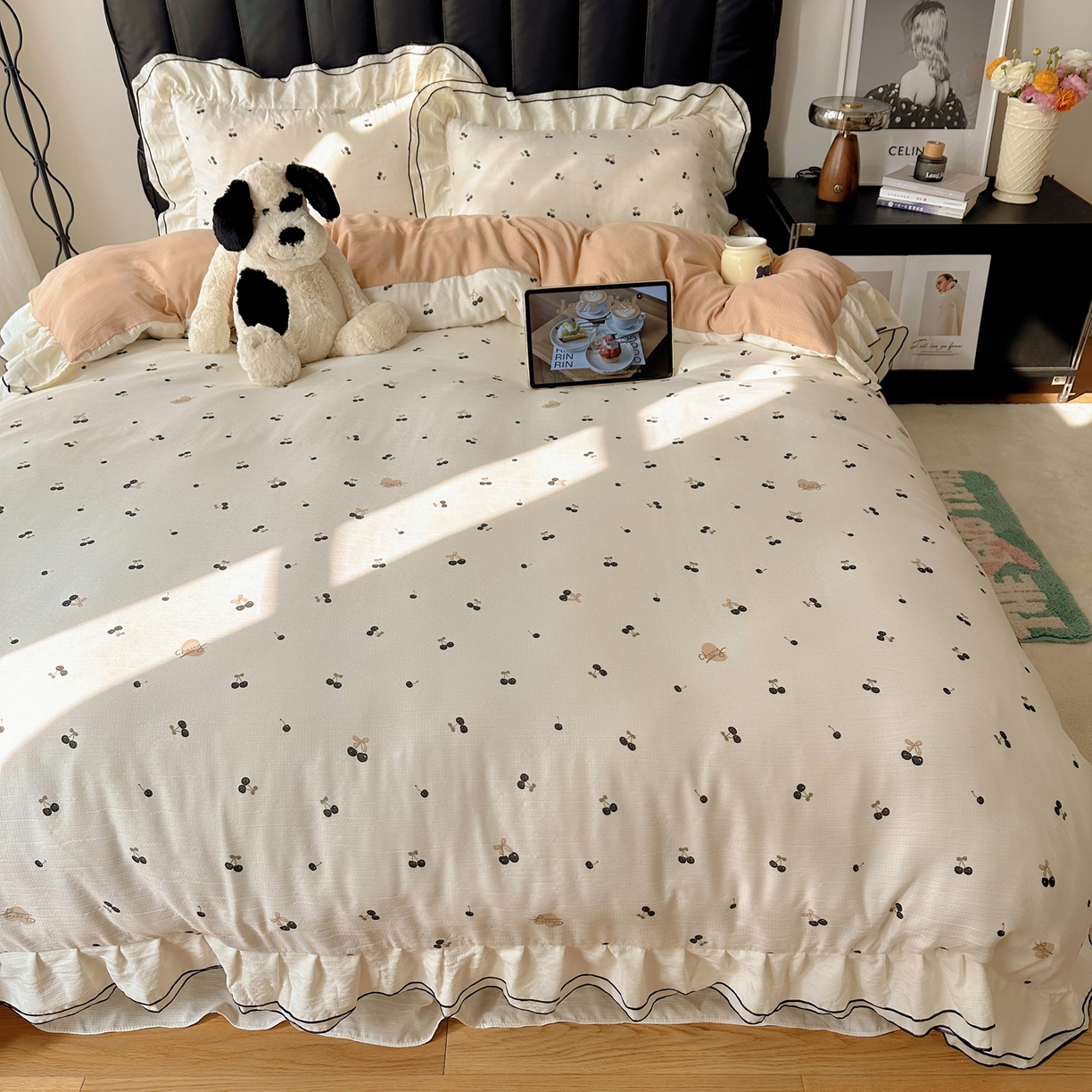 91家纺网 家纺一手货源 找家纺 韩都家居 2026春夏新款双层纱皱皱纱韩系清新风四件套 复古樱桃