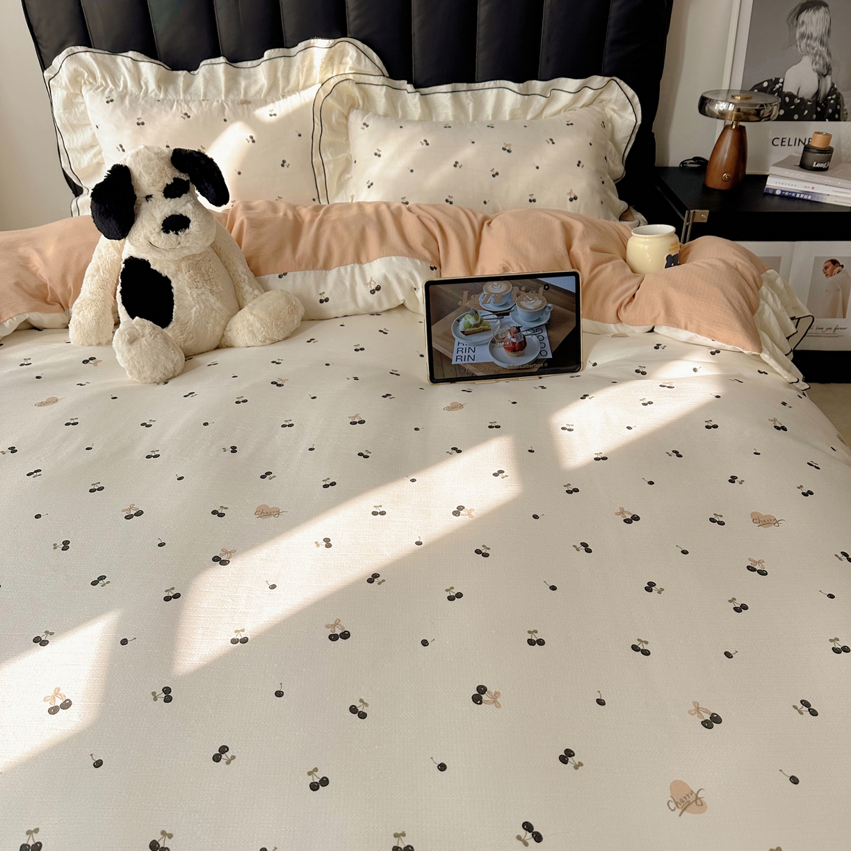 91家纺网 家纺一手货源 找家纺 韩都家居 2026春夏新款双层纱皱皱纱韩系清新风四件套 复古樱桃