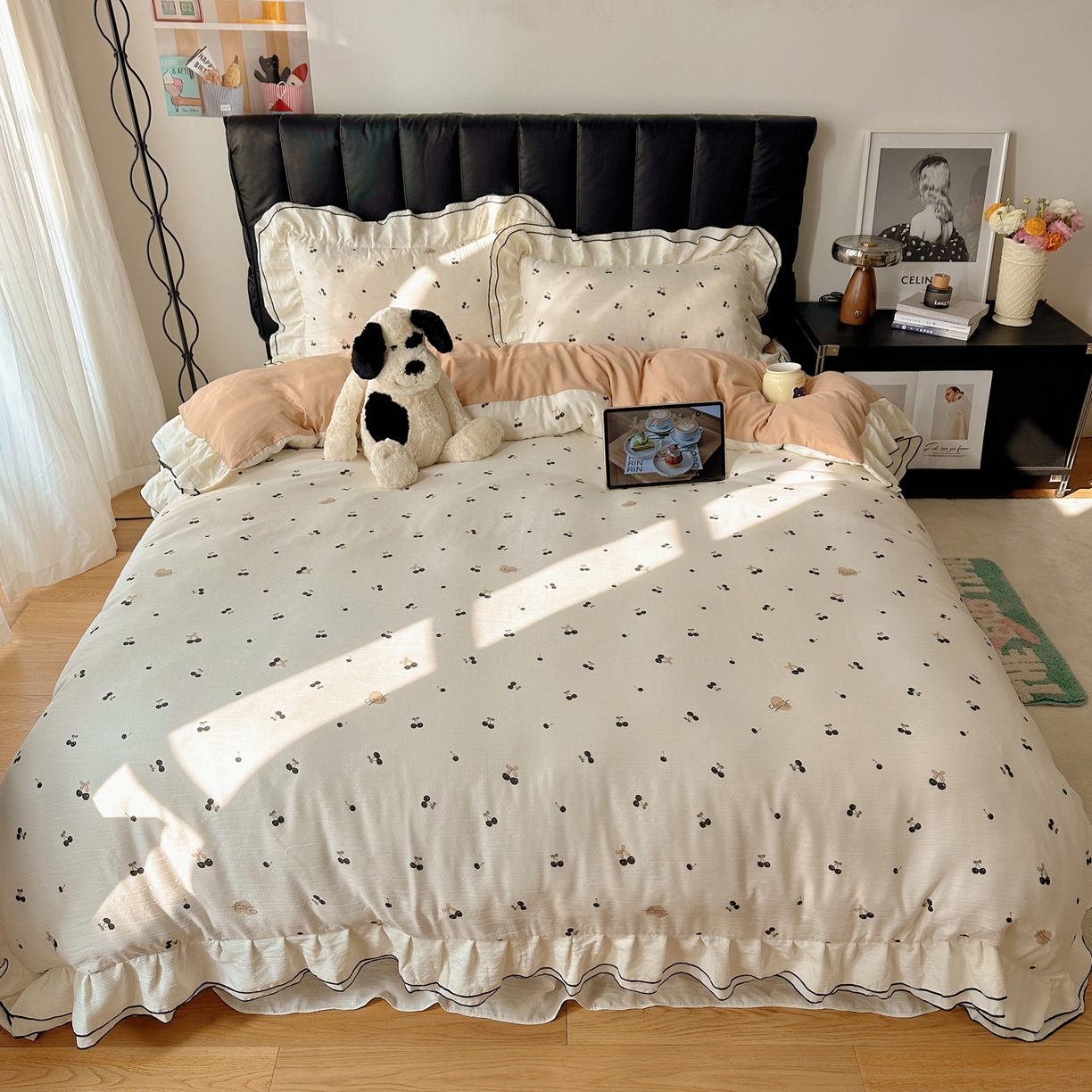 91家纺网 家纺一手货源 找家纺 韩都家居 2026春夏新款双层纱皱皱纱韩系清新风四件套 复古樱桃