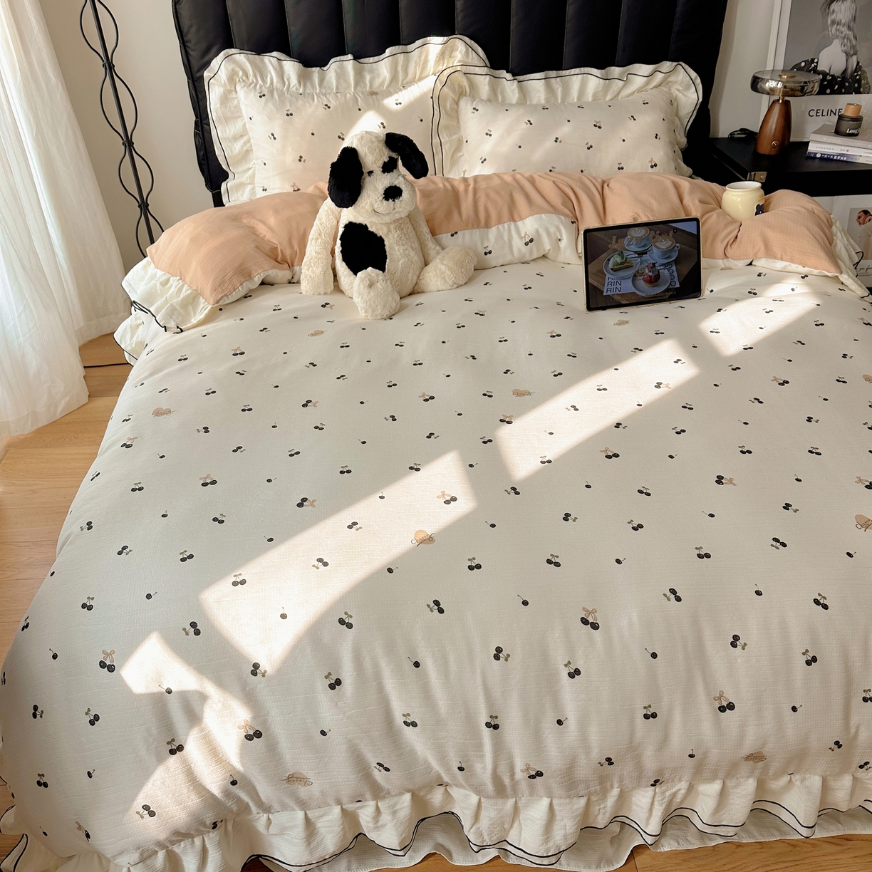 91家纺网 家纺一手货源 找家纺 韩都家居 2026春夏新款双层纱皱皱纱韩系清新风四件套 复古樱桃