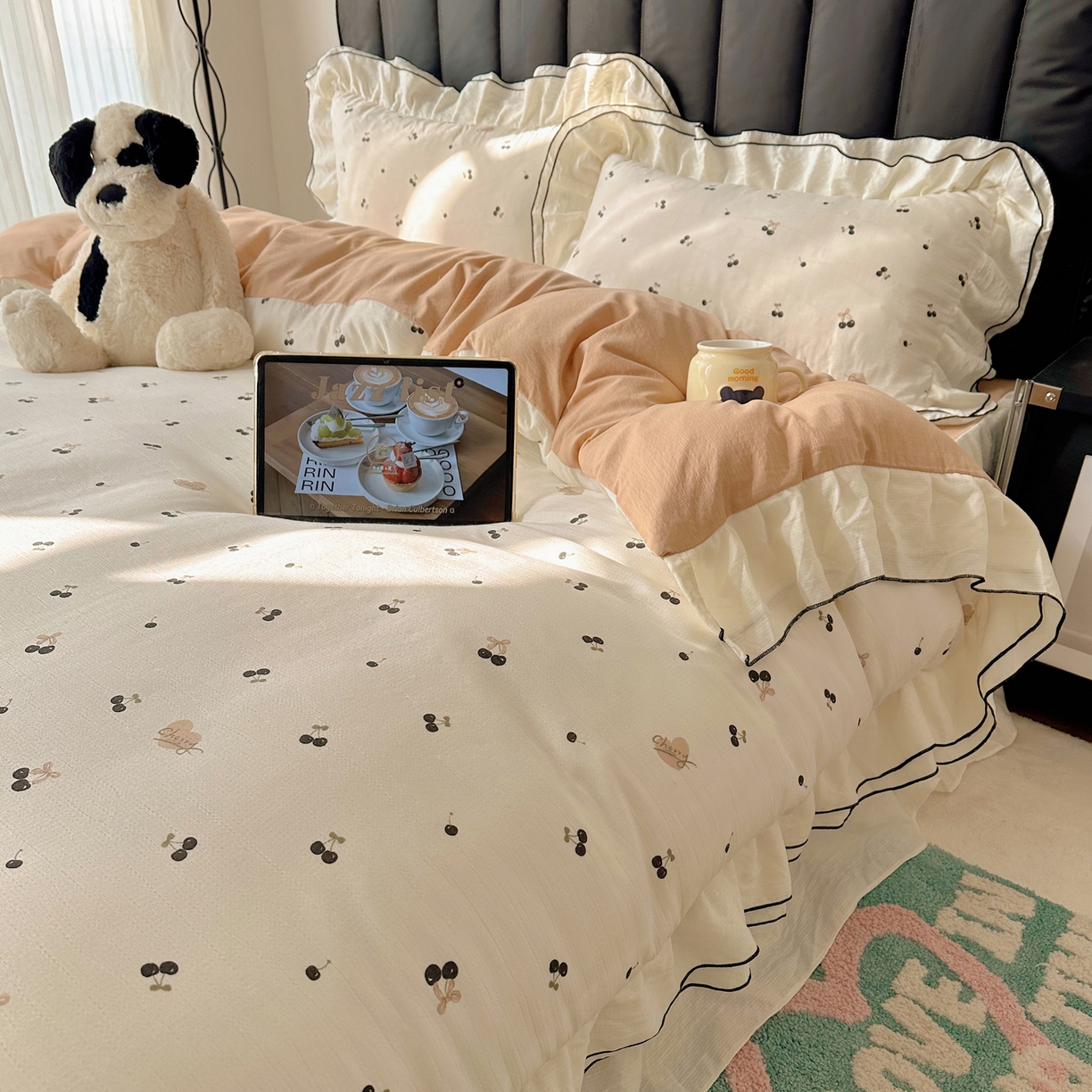 91家纺网 家纺一手货源 找家纺 韩都家居 2026春夏新款双层纱皱皱纱韩系清新风四件套 复古樱桃