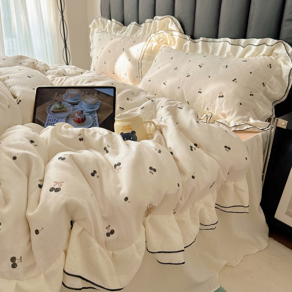 91家纺网 家纺一手货源 找家纺 韩都家居 2026春夏新款双层纱皱皱纱韩系清新风四件套 复古樱桃