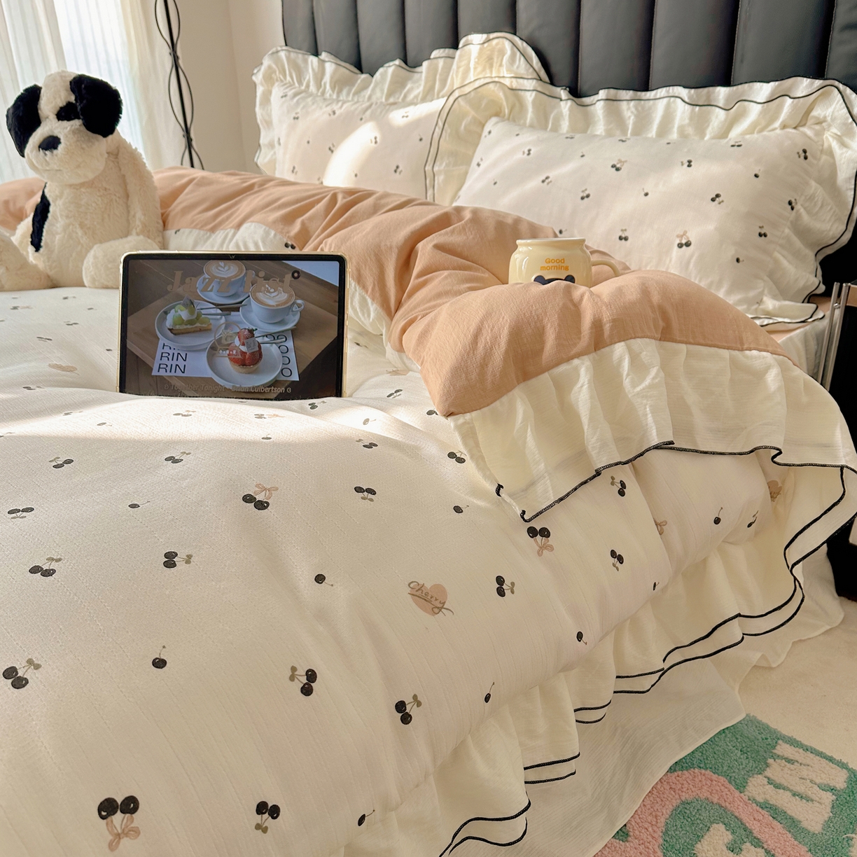 91家纺网 家纺一手货源 找家纺 韩都家居 2026春夏新款双层纱皱皱纱韩系清新风四件套 复古樱桃