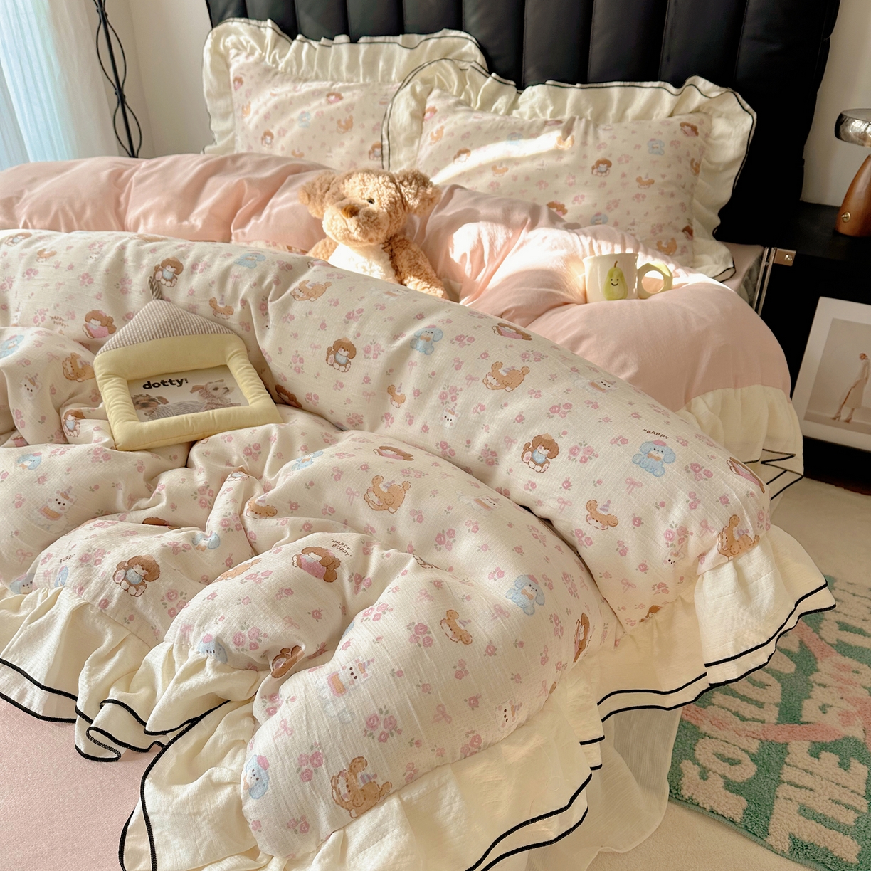 韩都家居 2026春夏新款双层纱皱皱纱韩系清新风四件套 欢狗园