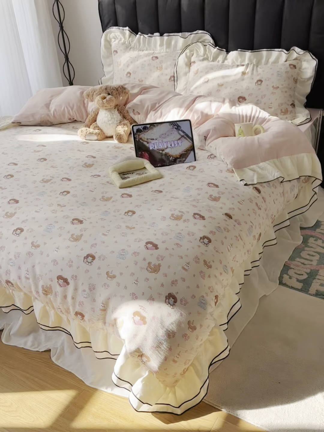 91家纺网 家纺一手货源 找家纺 韩都家居 2026春夏新款双层纱皱皱纱韩系清新风四件套 欢狗园