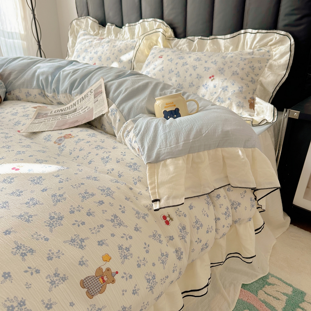 91家纺网 家纺一手货源 找家纺 韩都家居 2026春夏新款双层纱皱皱纱韩系清新风四件套 蓝熊曲