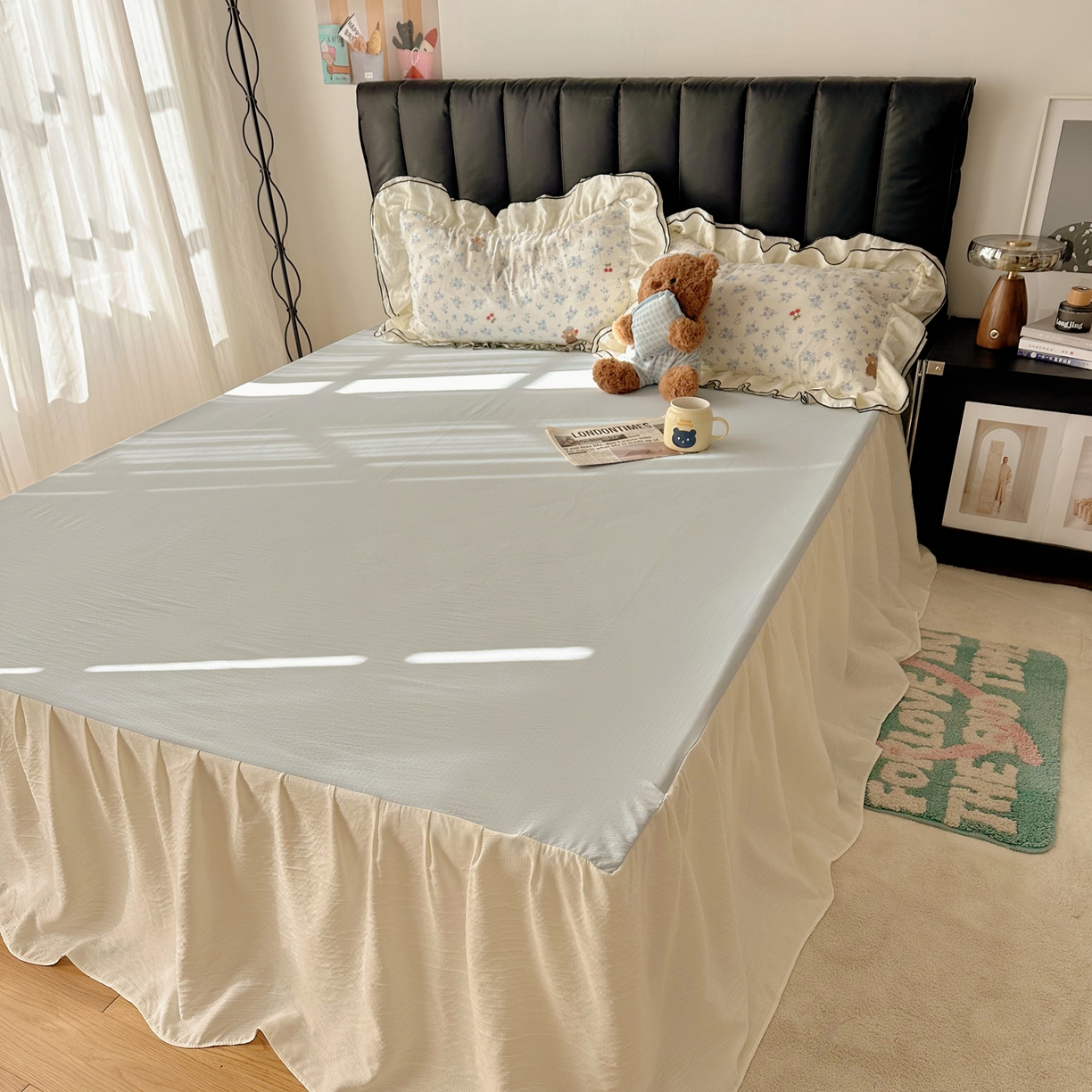 91家纺网 家纺一手货源 找家纺 韩都家居 2026春夏新款双层纱皱皱纱韩系清新风四件套 蓝熊曲