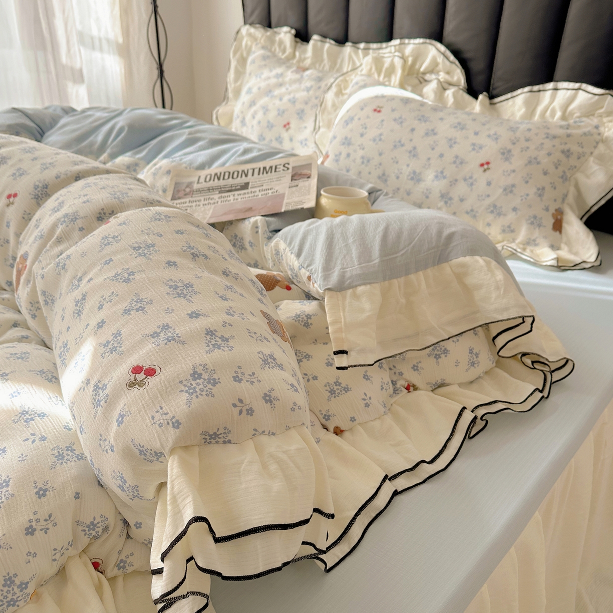 91家纺网 家纺一手货源 找家纺 韩都家居 2026春夏新款双层纱皱皱纱韩系清新风四件套 蓝熊曲