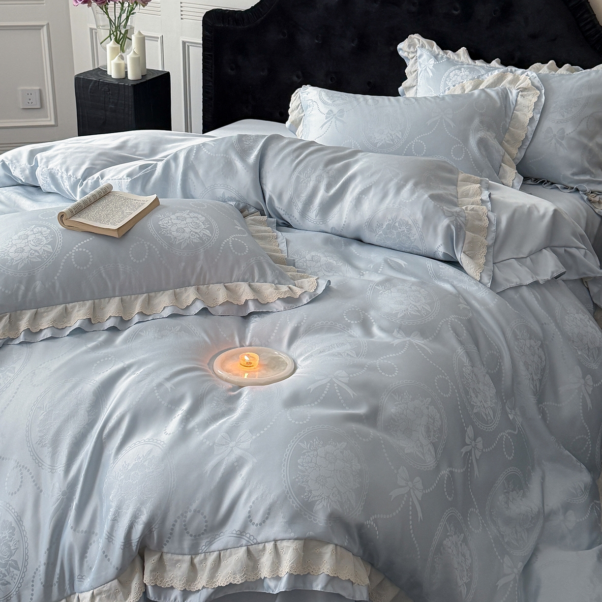 91家纺网 家纺一手货源 找家纺 优悦生活馆 2026新款花边款冰丝四件套-月光织梦 月光织梦-蓝