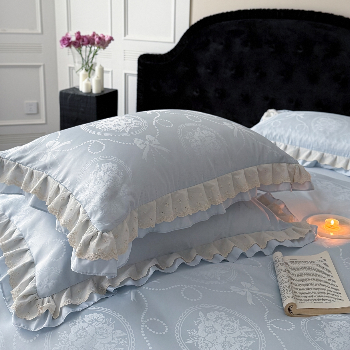 91家纺网 家纺一手货源 找家纺 优悦生活馆 2026新款花边款冰丝四件套-月光织梦 月光织梦-蓝