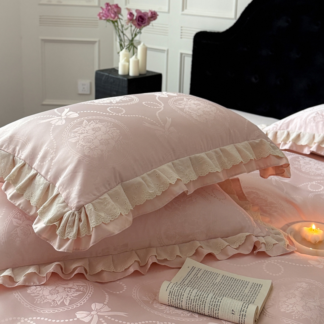 91家纺网 家纺一手货源 找家纺 优悦生活馆 2026新款花边款冰丝四件套-月光织梦 月光织梦-粉