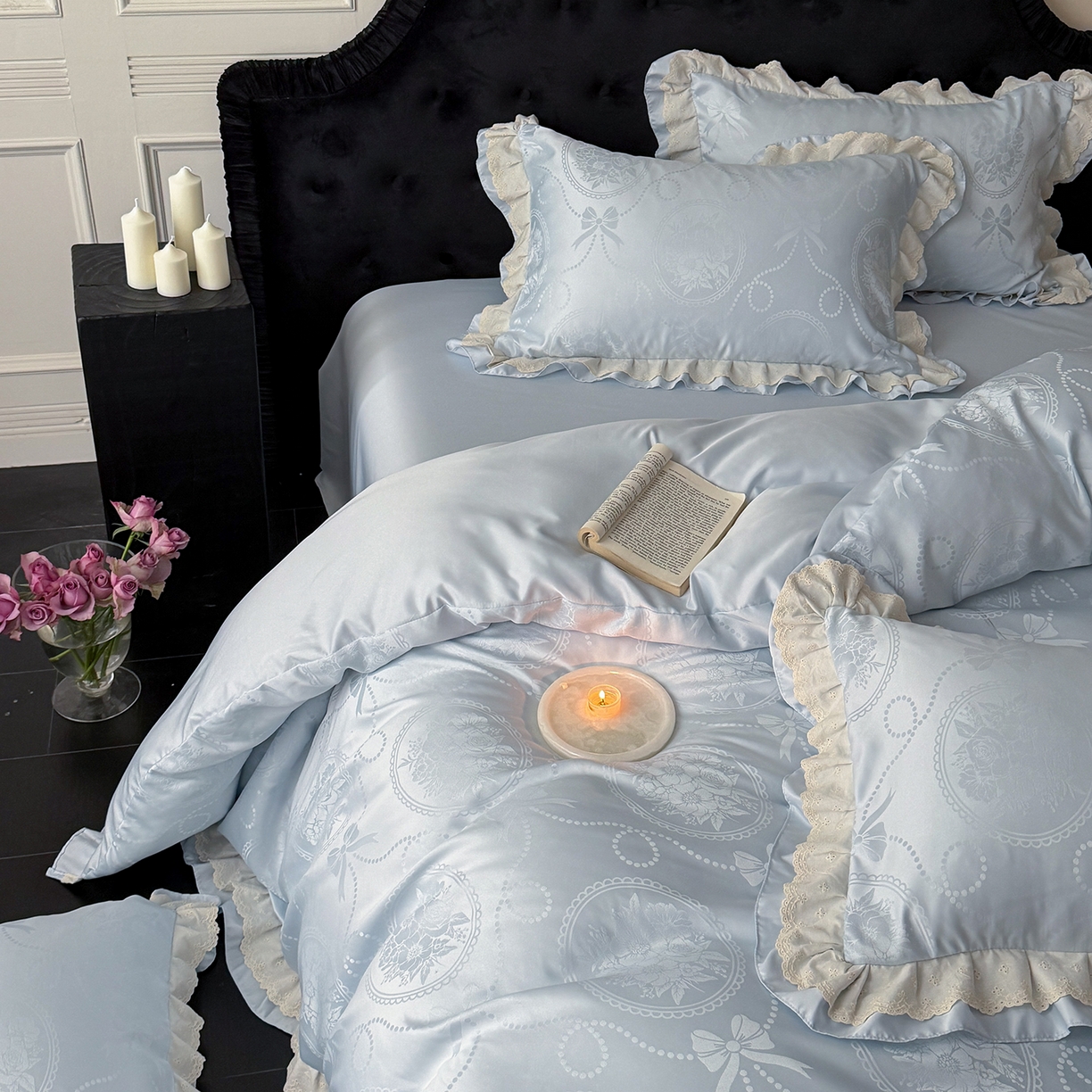 91家纺网 家纺一手货源 找家纺 优悦生活馆 2026新款花边款冰丝四件套-月光织梦 月光织梦-蓝