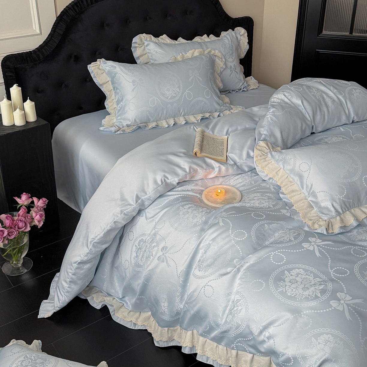 91家纺网 家纺一手货源 找家纺 优悦生活馆 2026新款花边款冰丝四件套-月光织梦 月光织梦-蓝