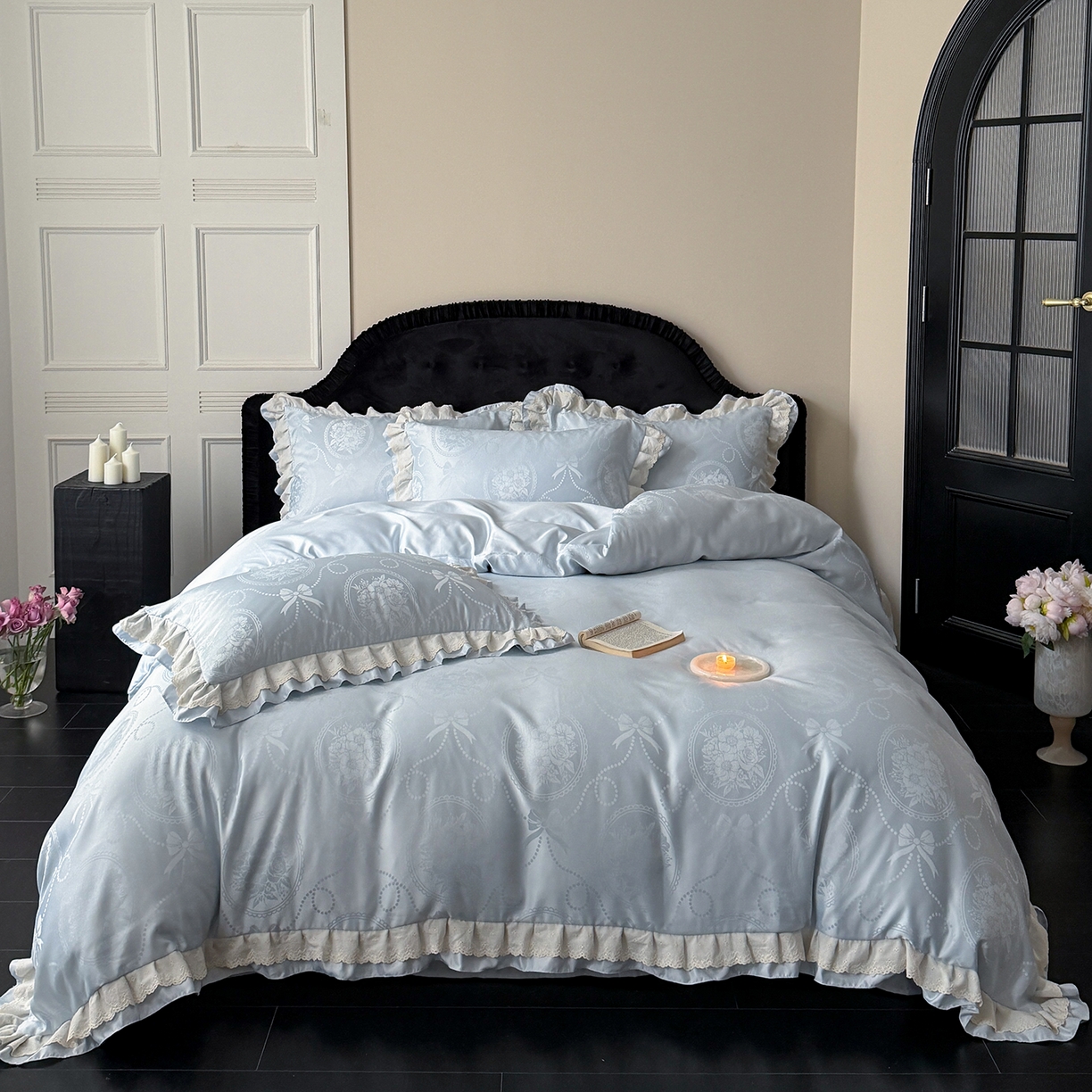 91家纺网 家纺一手货源 找家纺 优悦生活馆 2026新款花边款冰丝四件套-月光织梦 月光织梦-蓝