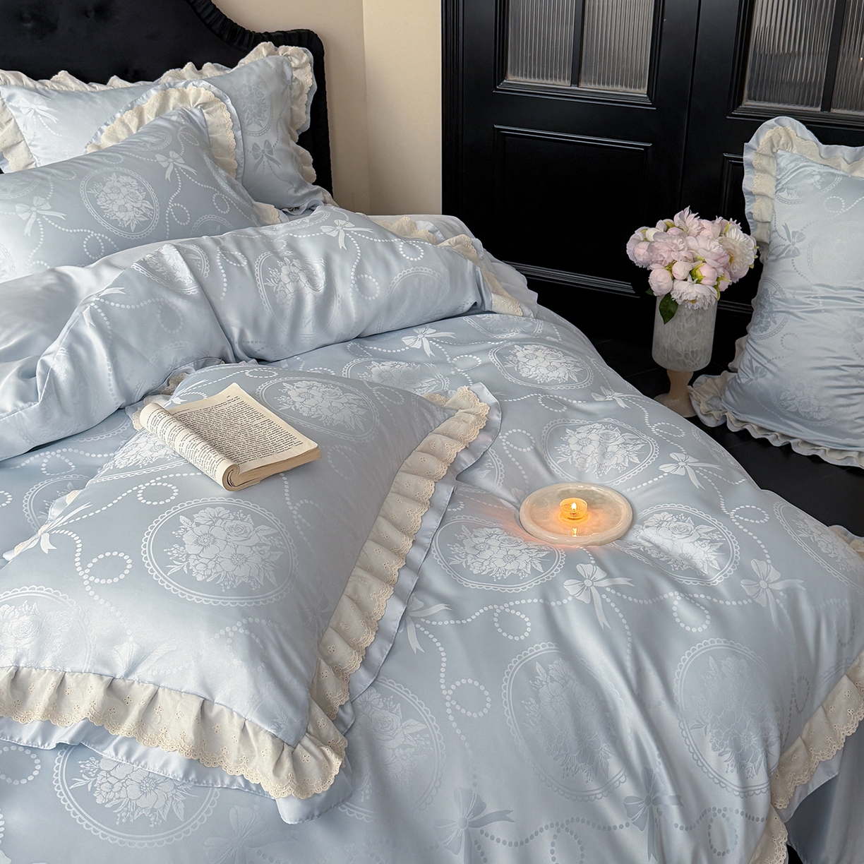91家纺网 家纺一手货源 找家纺 优悦生活馆 2026新款花边款冰丝四件套-月光织梦 月光织梦-蓝