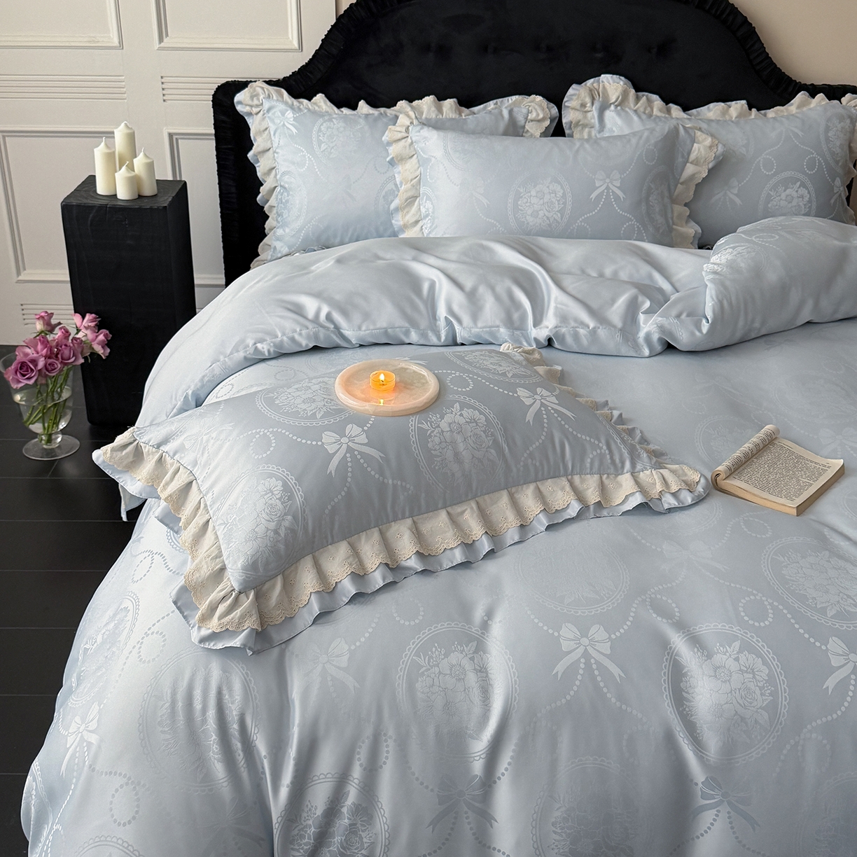 91家纺网 家纺一手货源 找家纺 优悦生活馆 2026新款花边款冰丝四件套-月光织梦 月光织梦-蓝