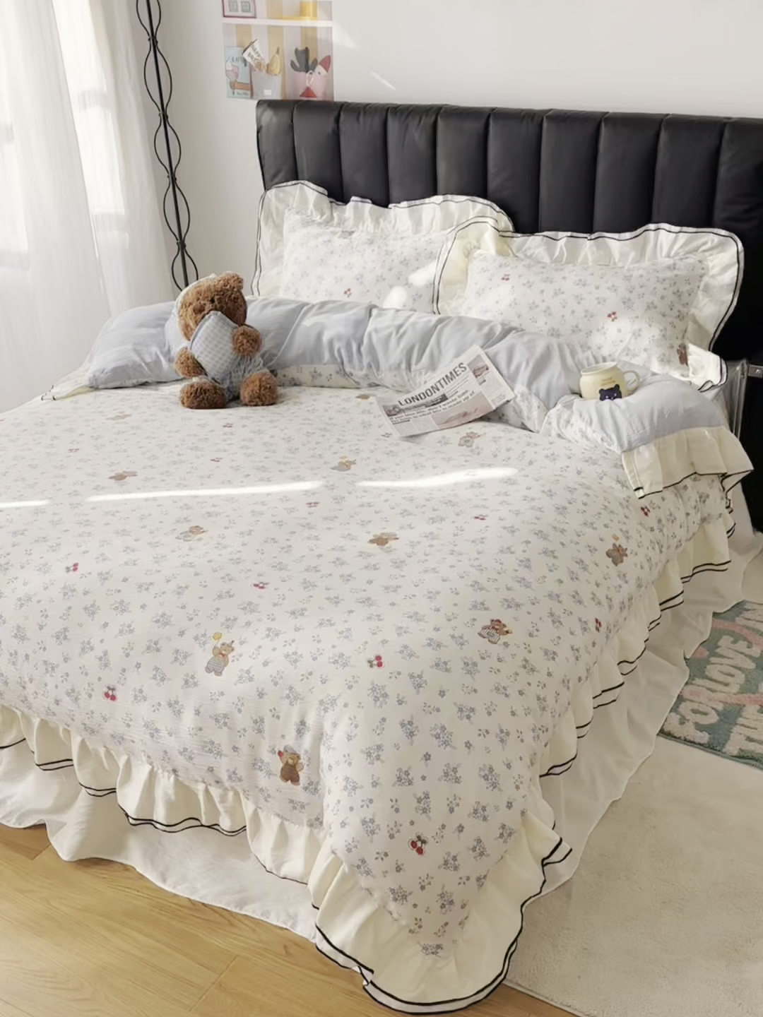 91家纺网 家纺一手货源 找家纺 韩都家居 2026春夏新款双层纱皱皱纱韩系清新风四件套 蓝熊曲