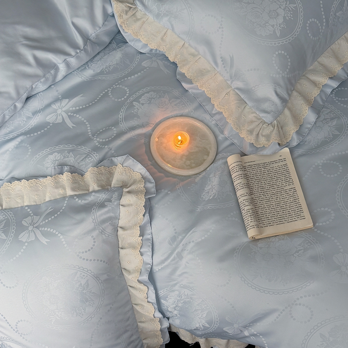 91家纺网 家纺一手货源 找家纺 优悦生活馆 2026新款花边款冰丝四件套-月光织梦 月光织梦-蓝