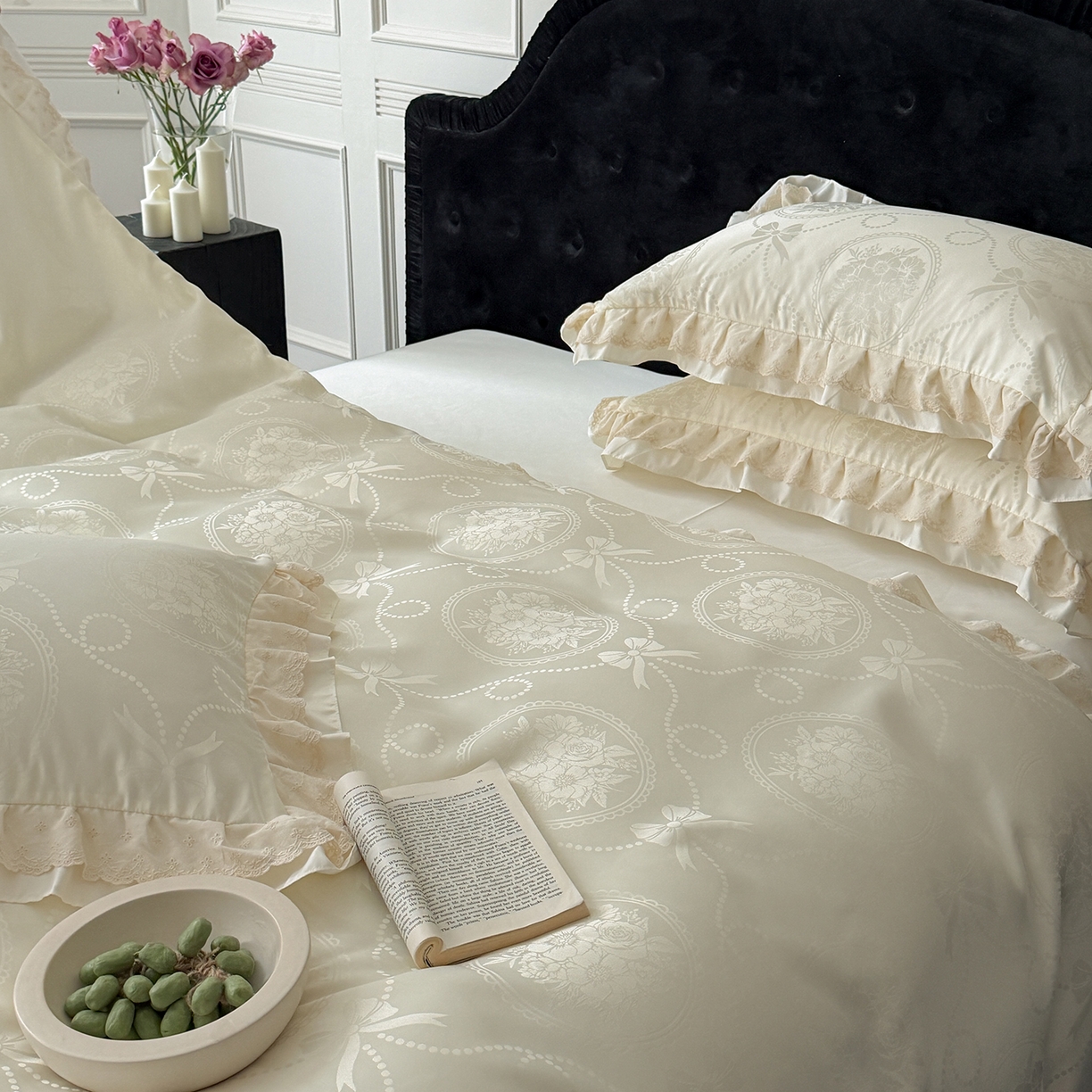 91家纺网 家纺一手货源 找家纺 优悦生活馆 2026新款花边款冰丝四件套-月光织梦 月光织梦-白