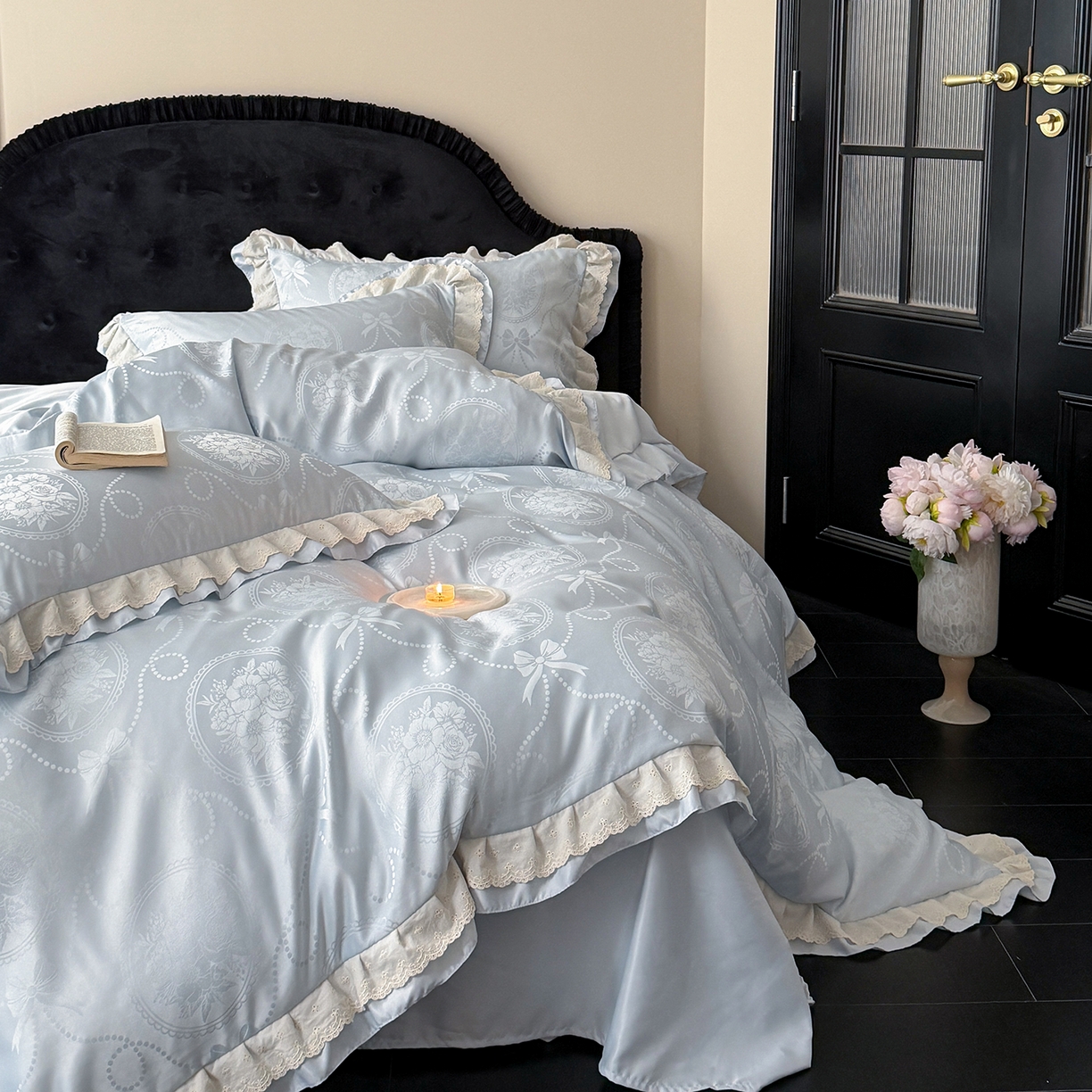 91家纺网 家纺一手货源 找家纺 优悦生活馆 2026新款花边款冰丝四件套-月光织梦 月光织梦-蓝