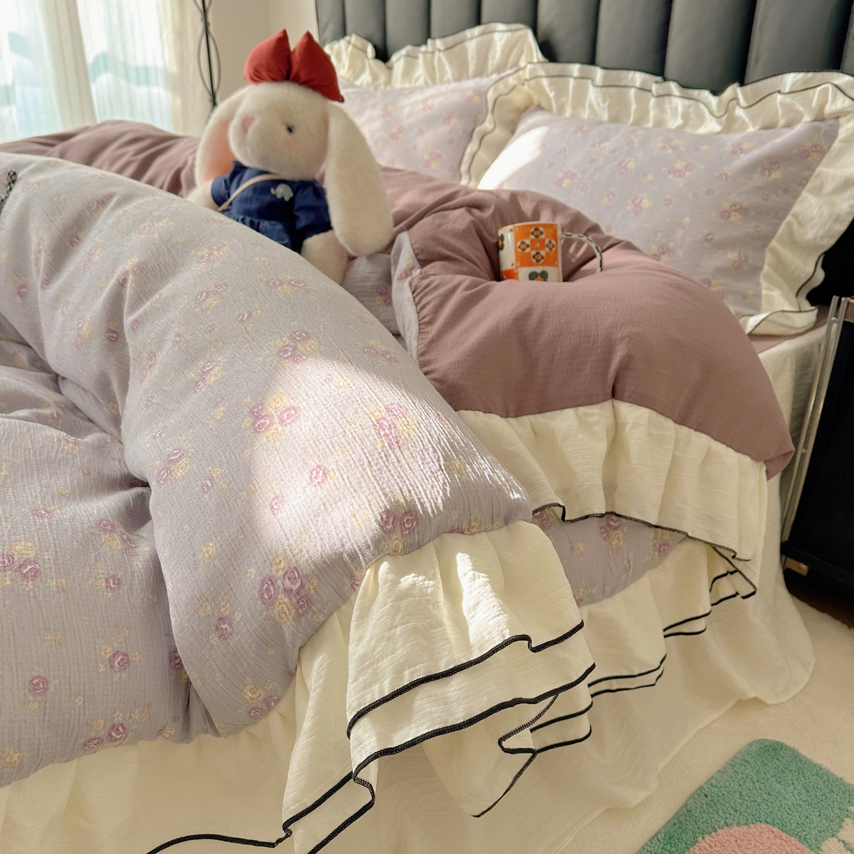 91家纺网 家纺一手货源 找家纺 韩都家居 2026春夏新款双层纱皱皱纱韩系清新风四件套 梦华