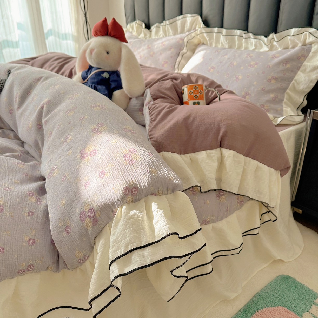 91家纺网 家纺一手货源 找家纺 韩都家居 2026春夏新款双层纱皱皱纱韩系清新风四件套 梦华