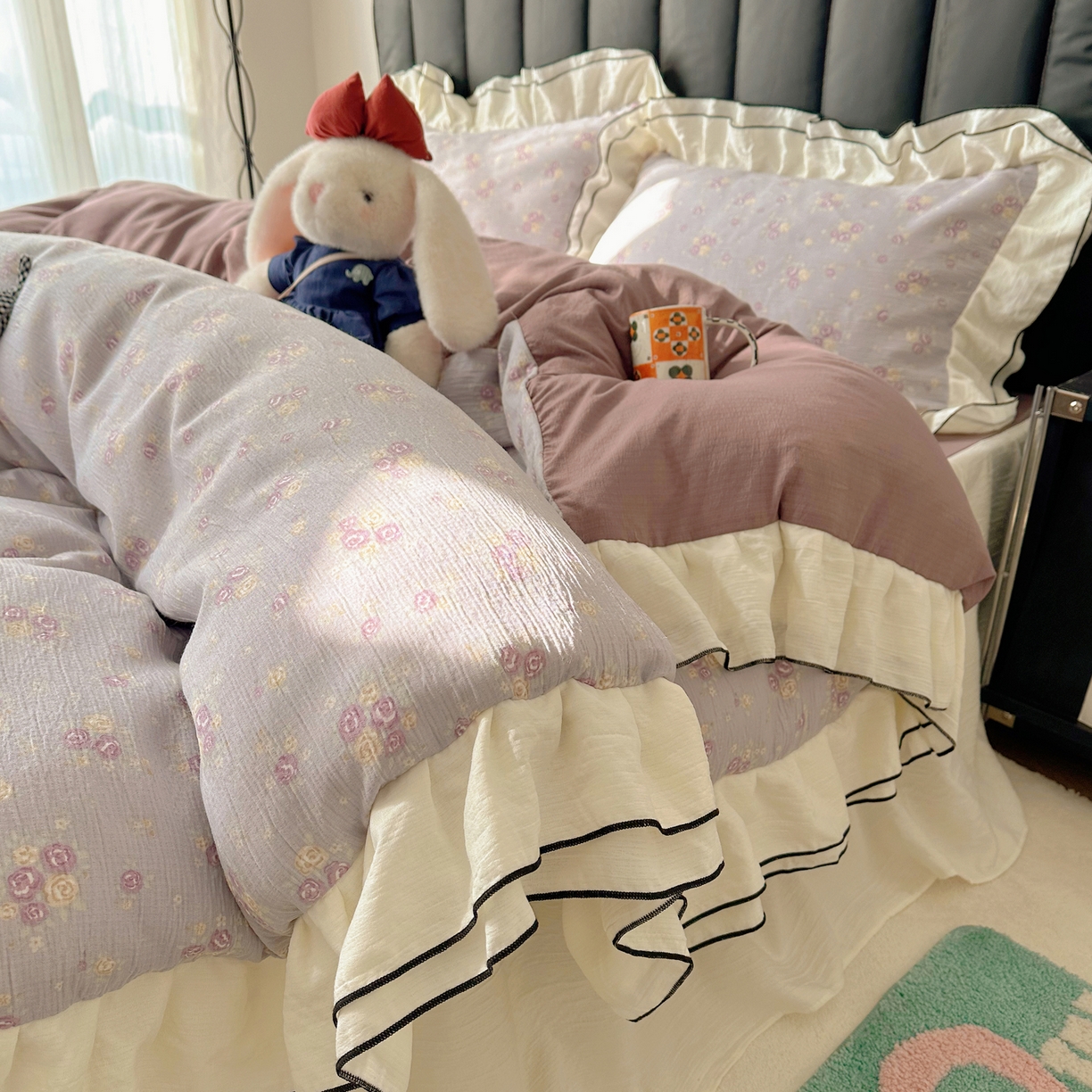 91家纺网 家纺一手货源 找家纺 韩都家居 2026春夏新款双层纱皱皱纱韩系清新风四件套 梦华