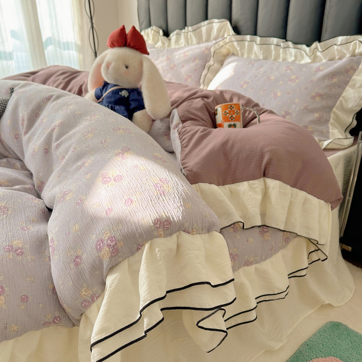 91家纺网 家纺一手货源 找家纺 韩都家居 2026春夏新款双层纱皱皱纱韩系清新风四件套 梦华