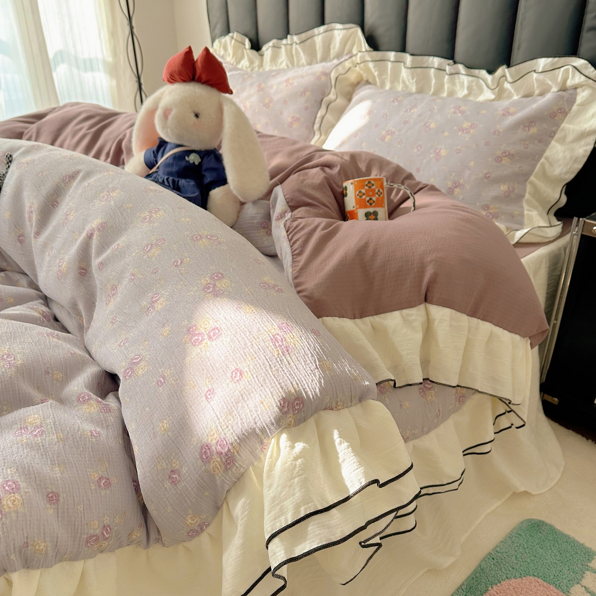 91家纺网 家纺一手货源 找家纺 韩都家居 2026春夏新款双层纱皱皱纱韩系清新风四件套 梦华