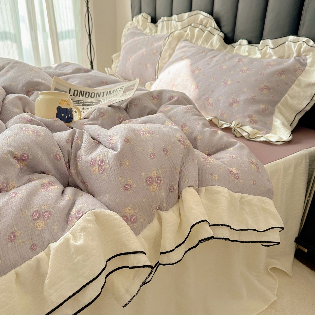 91家纺网 家纺一手货源 找家纺 韩都家居 2026春夏新款双层纱皱皱纱韩系清新风四件套 梦华