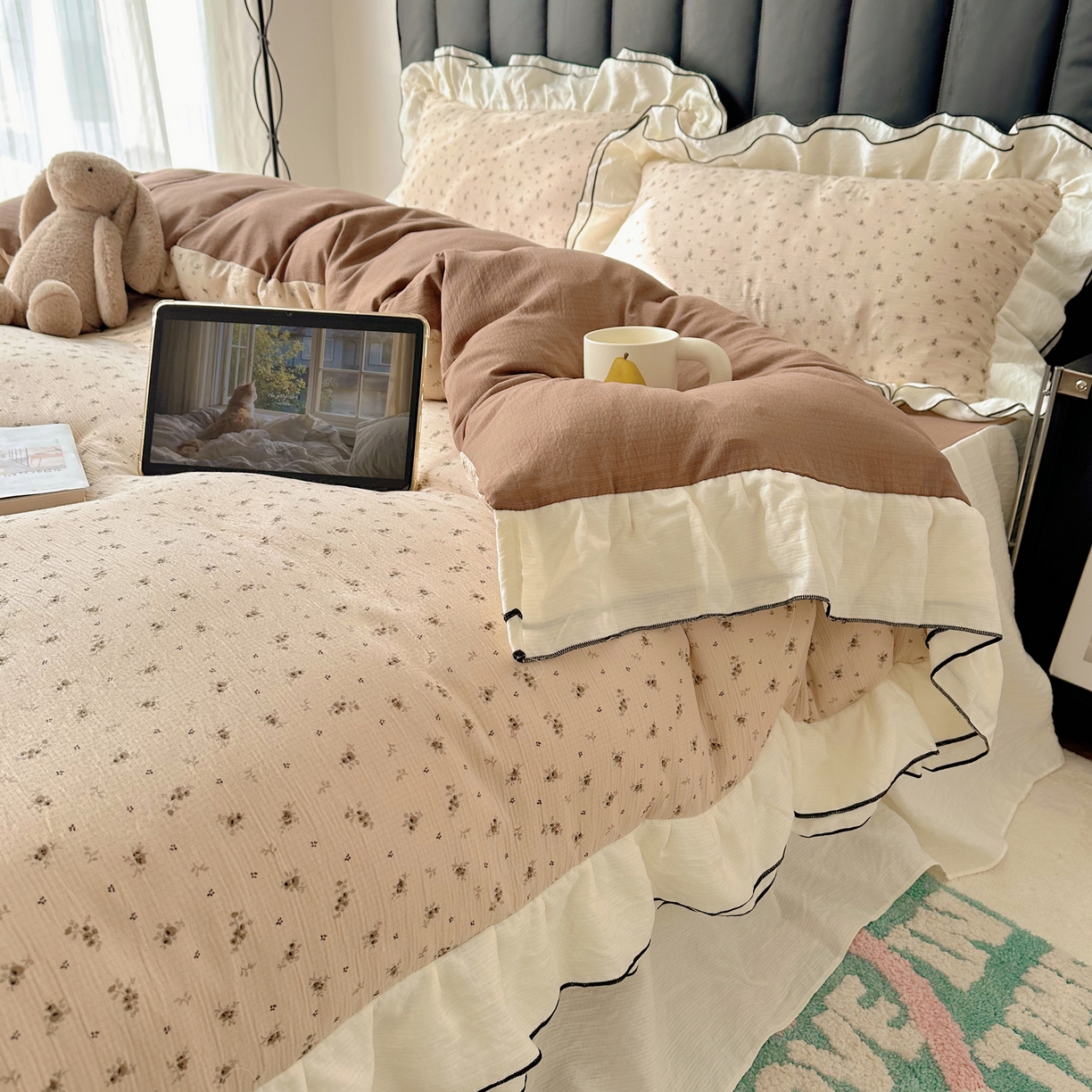 91家纺网 家纺一手货源 找家纺 韩都家居 2026春夏新款双层纱皱皱纱韩系清新风四件套 木锦咖