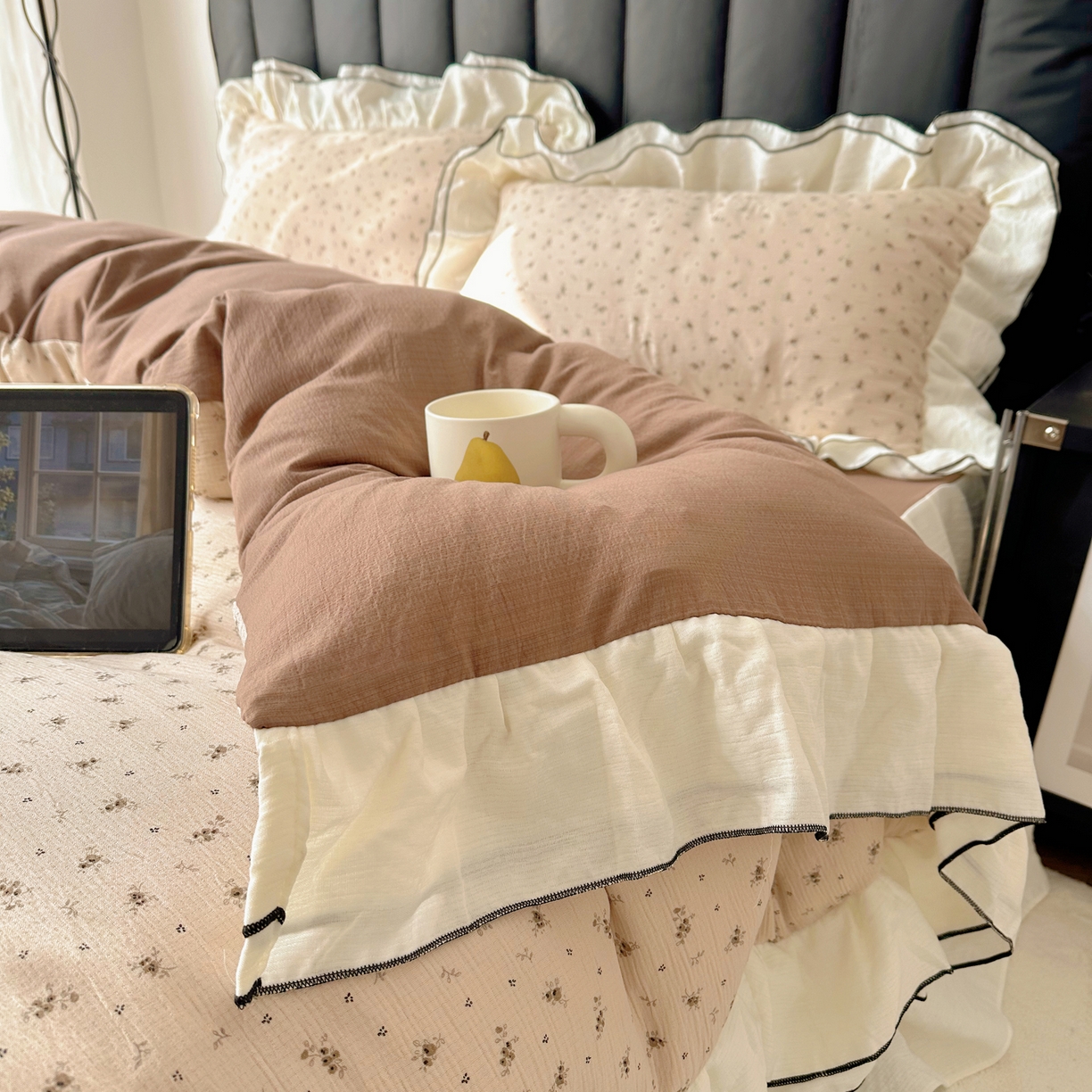 91家纺网 家纺一手货源 找家纺 韩都家居 2026春夏新款双层纱皱皱纱韩系清新风四件套 木锦咖