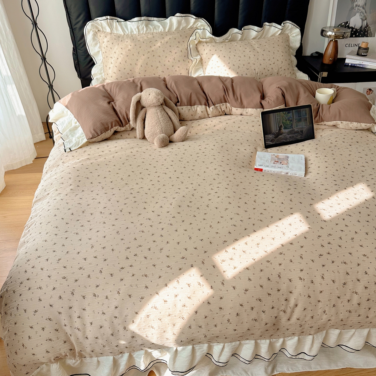 91家纺网 家纺一手货源 找家纺 韩都家居 2026春夏新款双层纱皱皱纱韩系清新风四件套 木锦咖