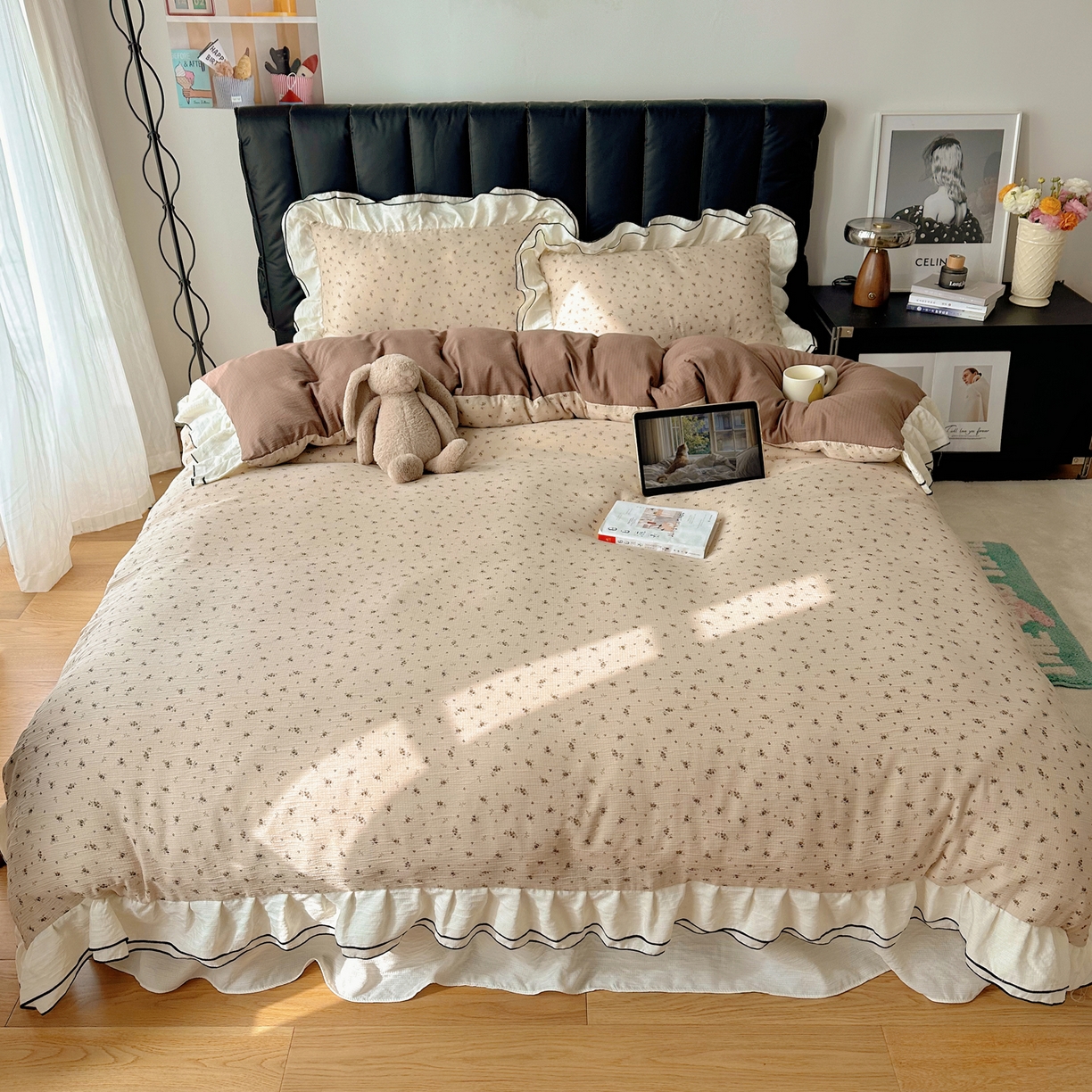 91家纺网 家纺一手货源 找家纺 韩都家居 2026春夏新款双层纱皱皱纱韩系清新风四件套 木锦咖